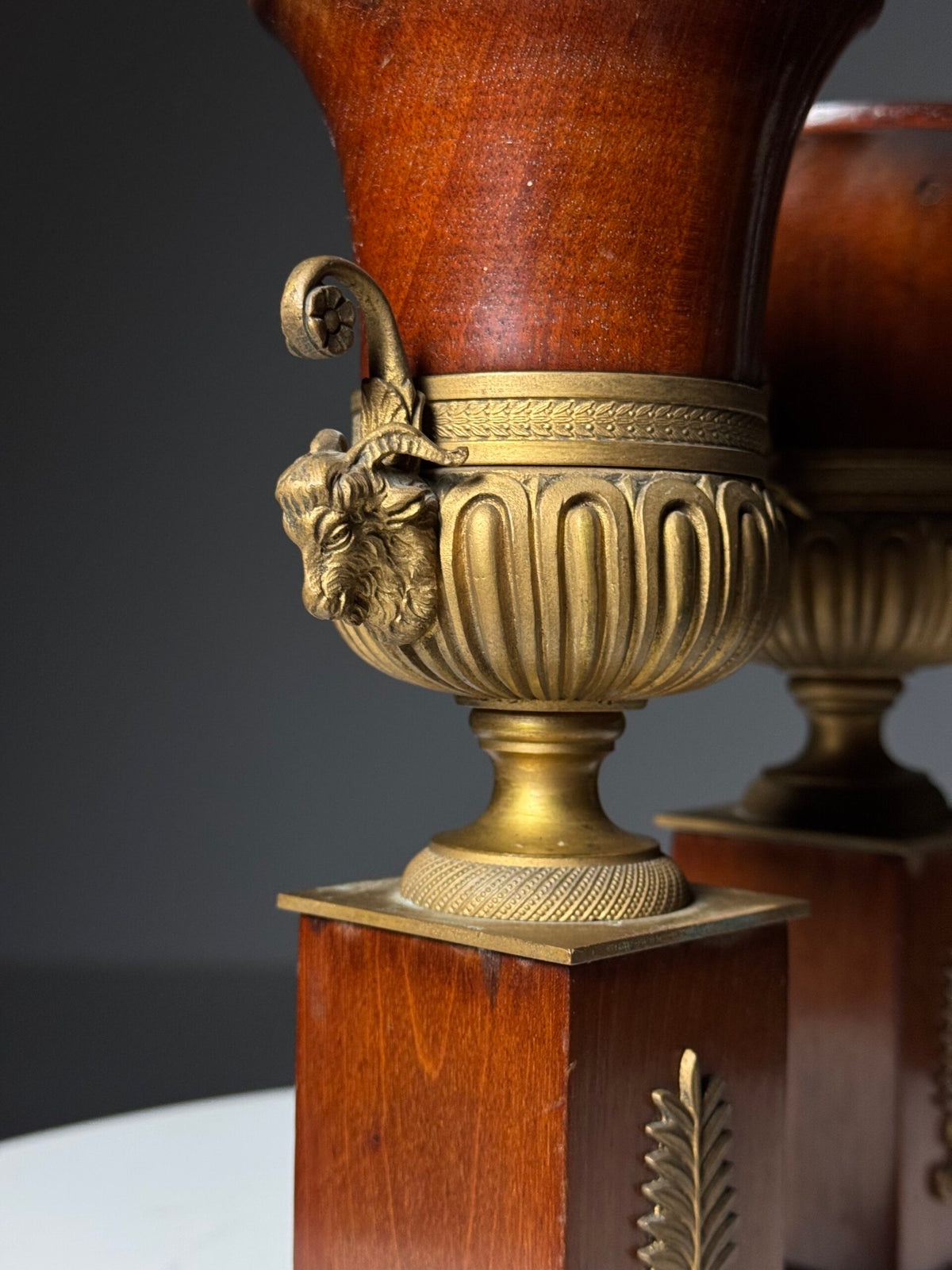 Pair of 19th Century Mahogany Vases with Gilt Bronze Ram's Heads, photo 14