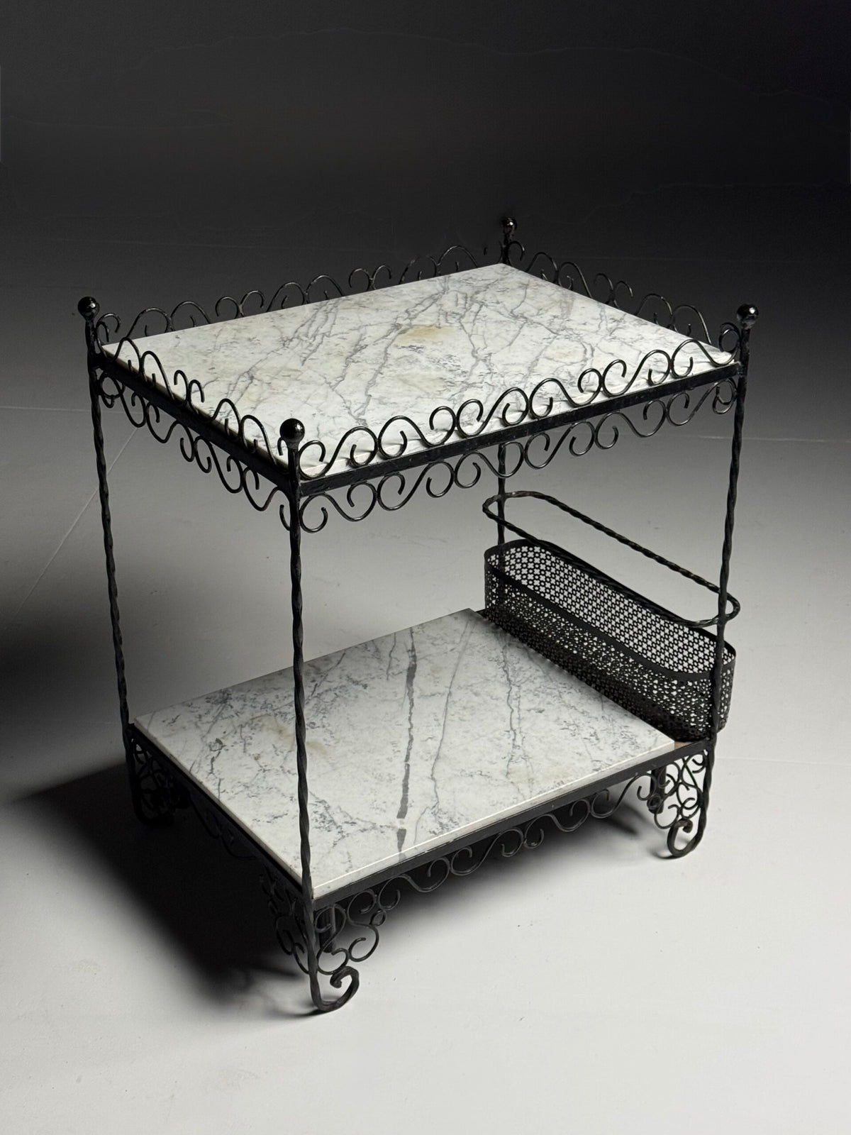 Black Metal Drinks Side Table with Two Marble Tops, France, photo 16