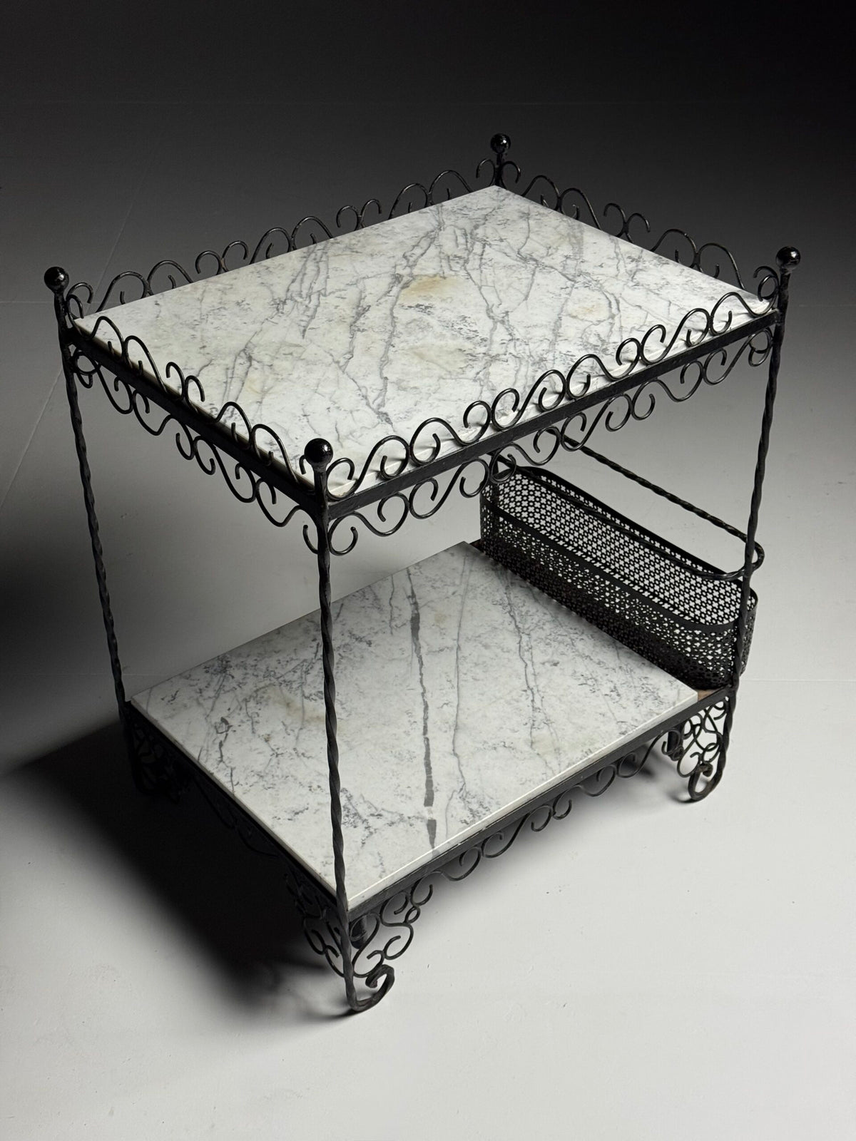 Black Metal Drinks Side Table with Two Marble Tops, France, photo 1