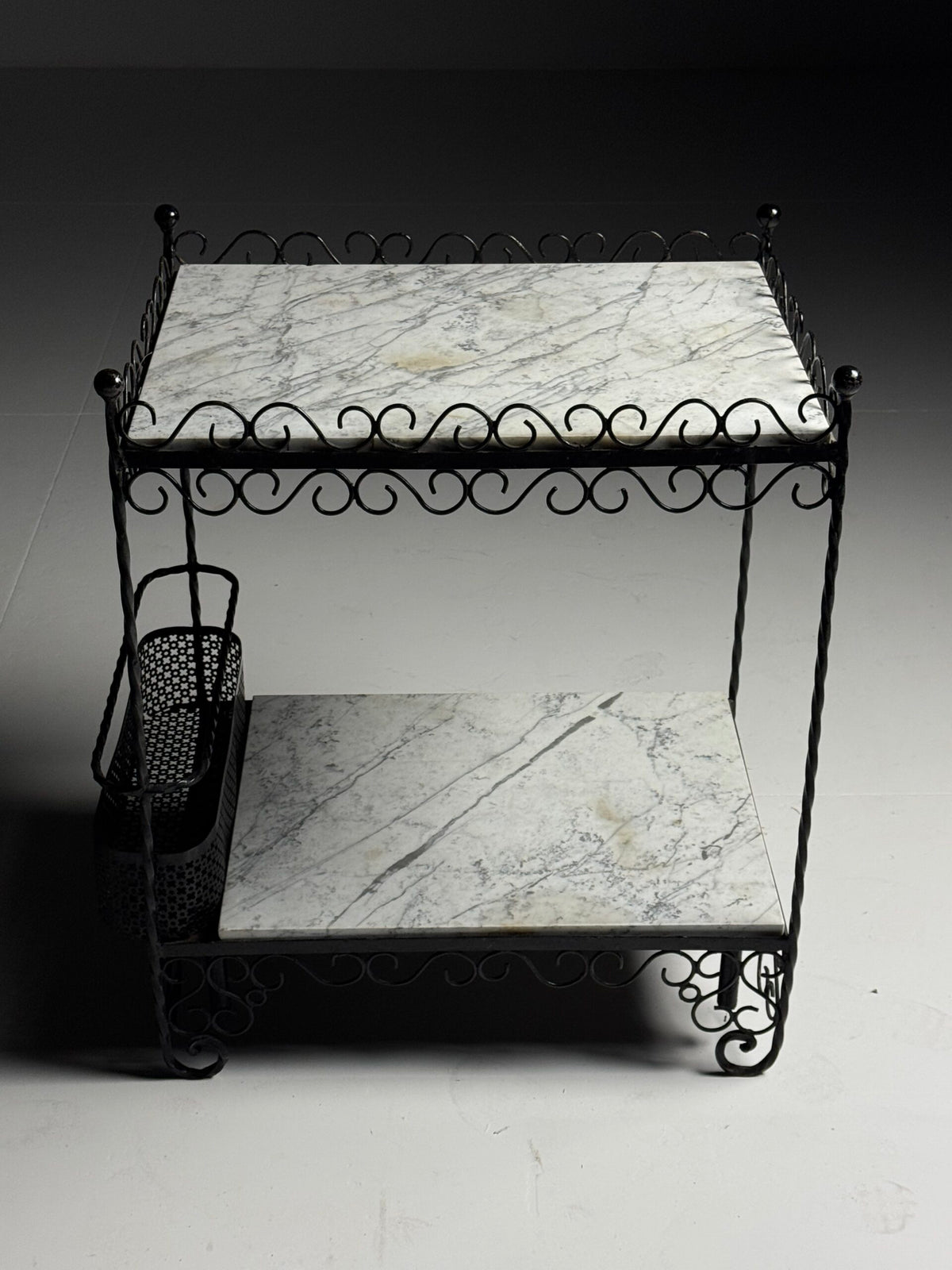 Black Metal Drinks Side Table with Two Marble Tops, France, photo 3