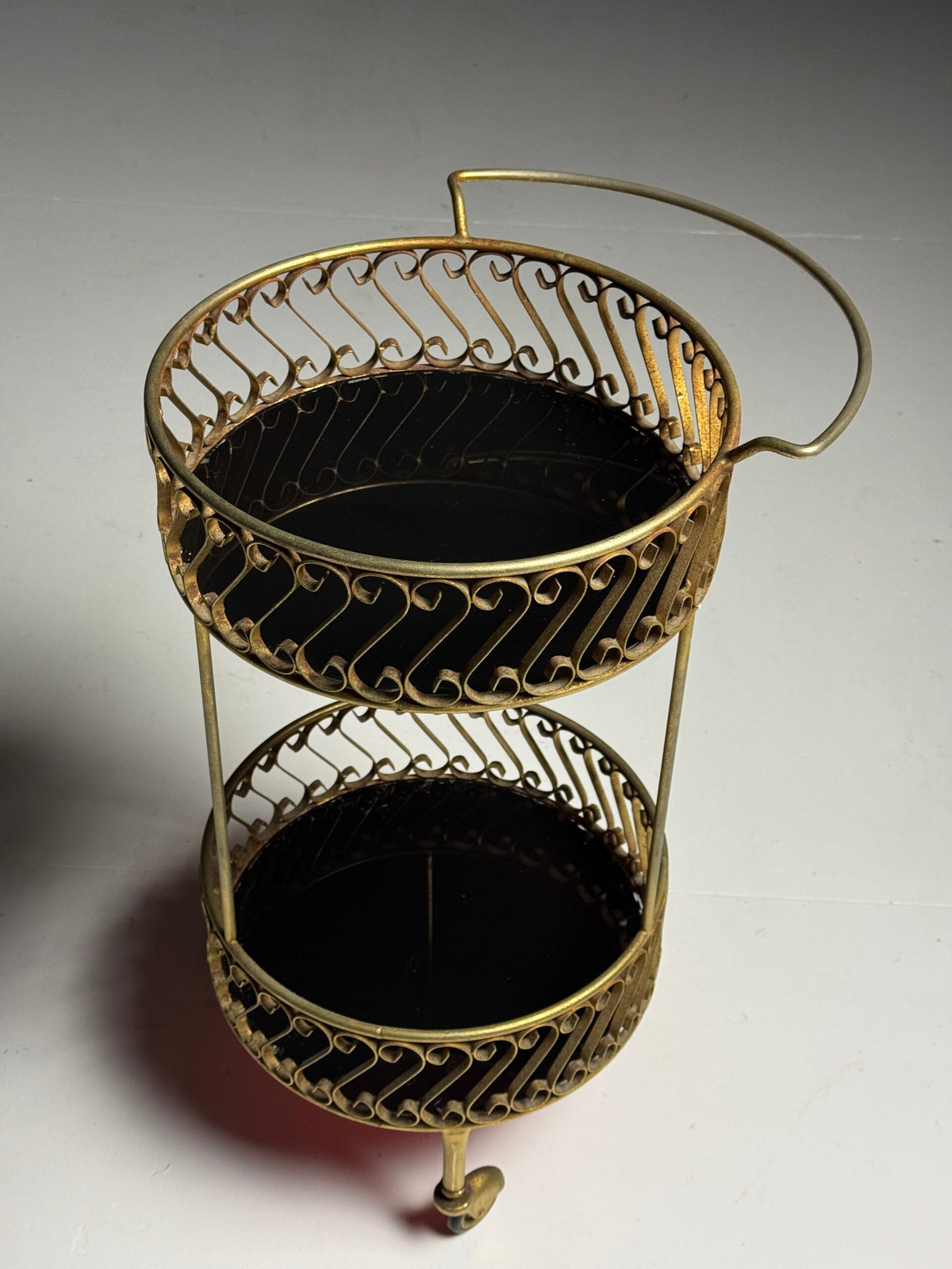 Gold Coloured Metal Trolley or Side Table with Two Glass Tops, photo 1
