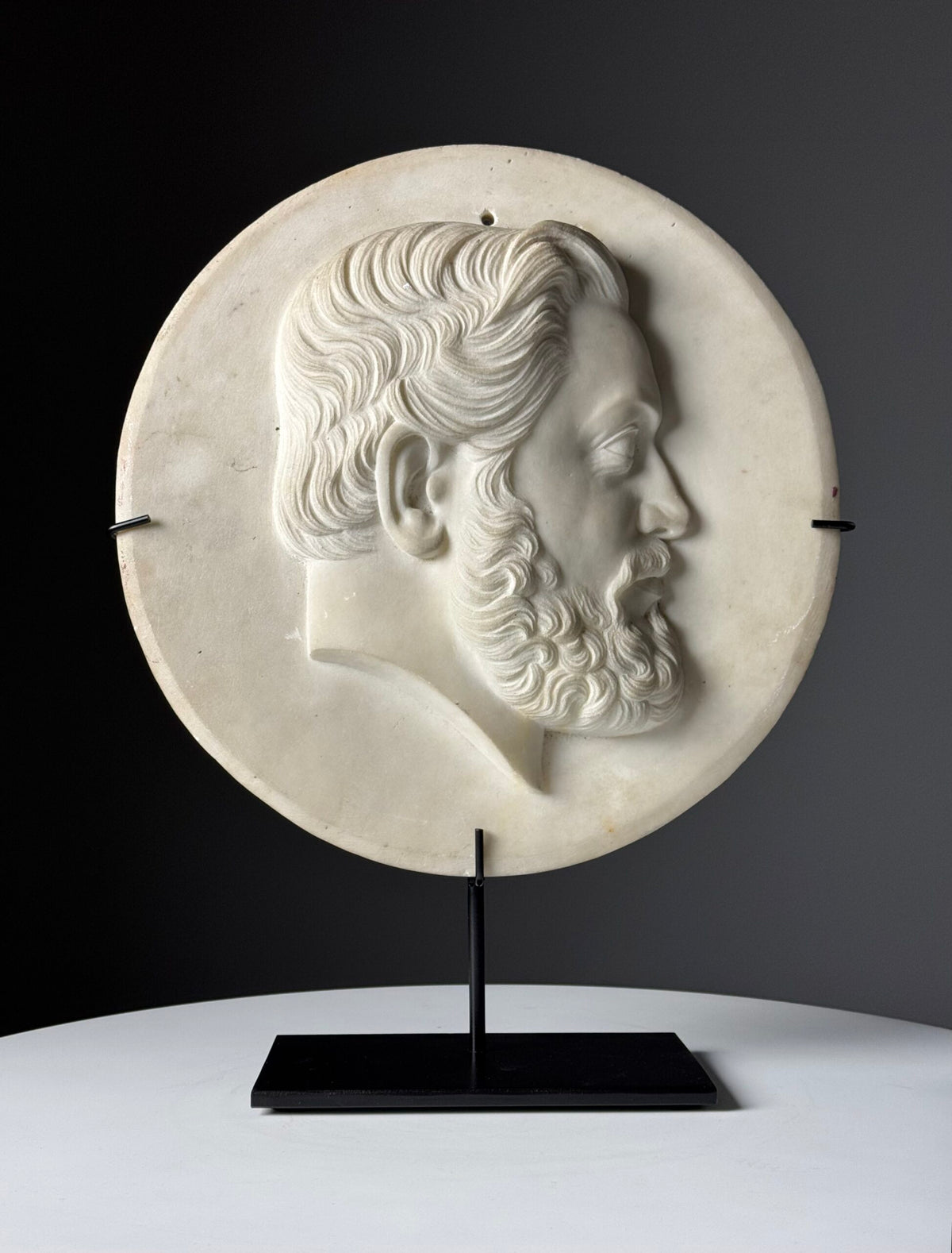 19th Century White Carrara Marble Portrait Medallion on Stand, photo 1