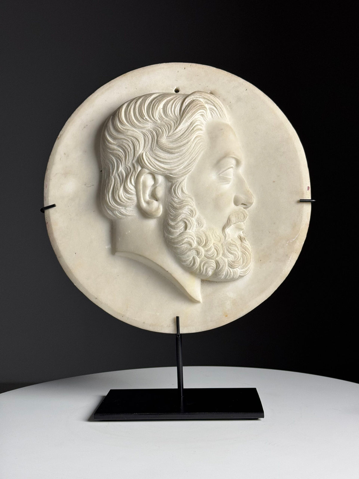 19th Century White Carrara Marble Portrait Medallion on Stand, photo 7