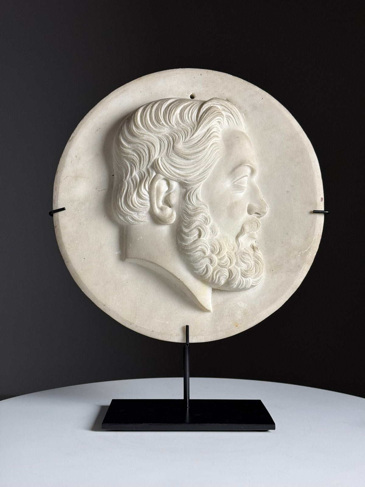 19th Century White Carrara Marble Portrait Medallion on Stand, photo 17