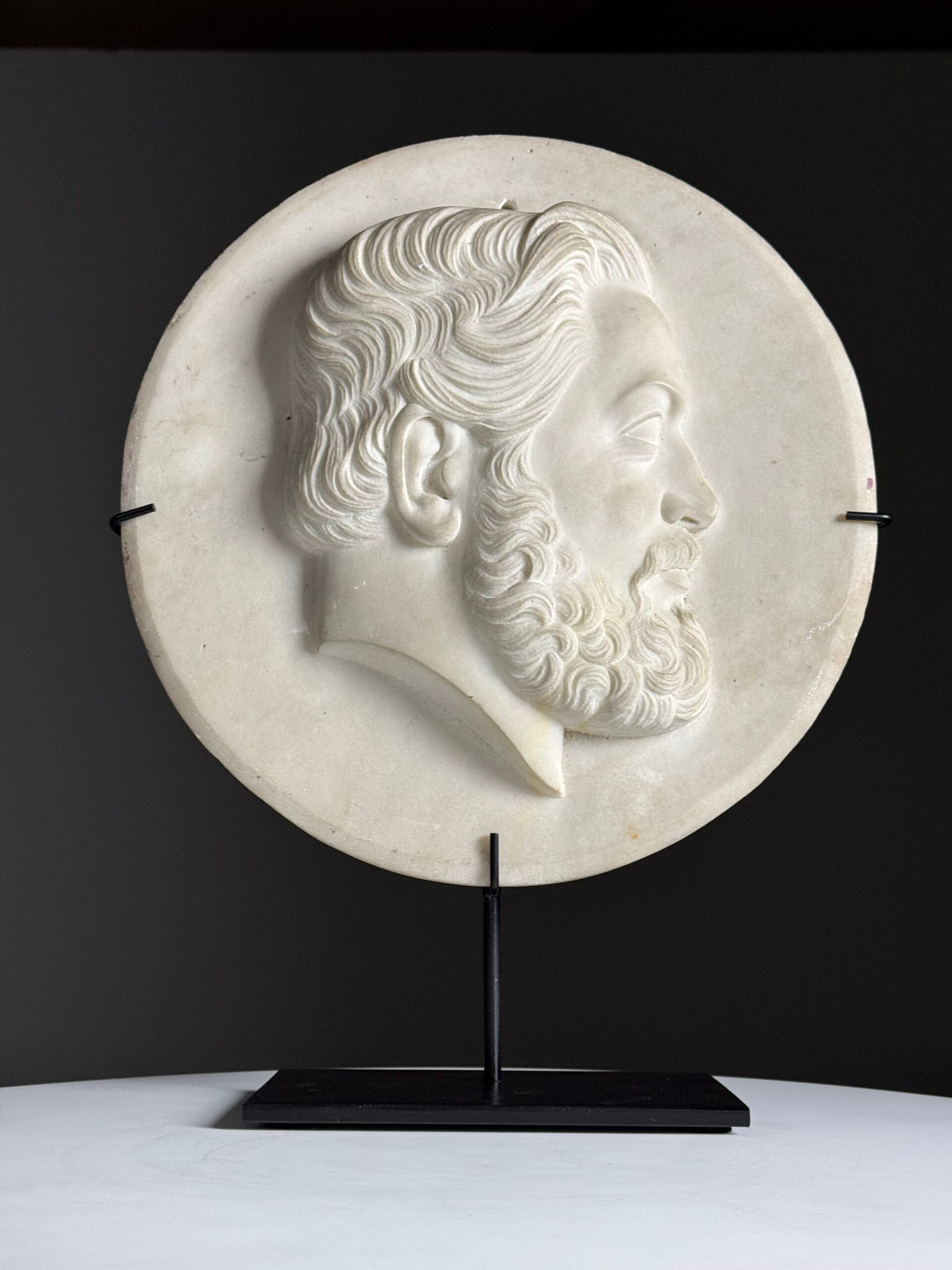 19th Century White Carrara Marble Portrait Medallion on Stand, photo 13