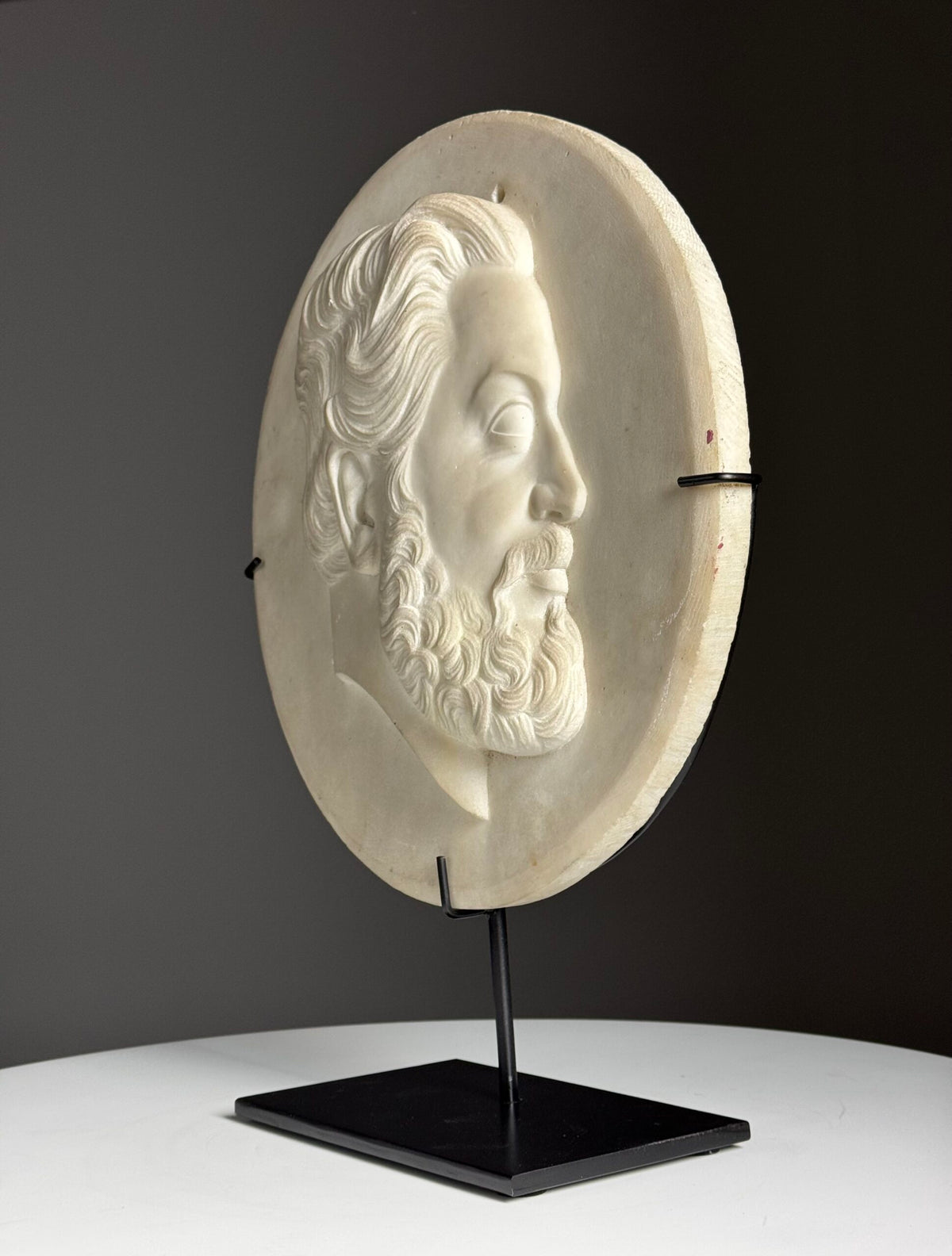 19th Century White Carrara Marble Portrait Medallion on Stand, photo 4