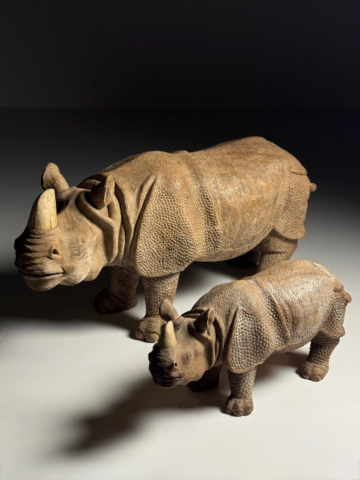 Hand Carved Asian Rhinoceros and Calf, South East Asia, c. 1960, photo 3