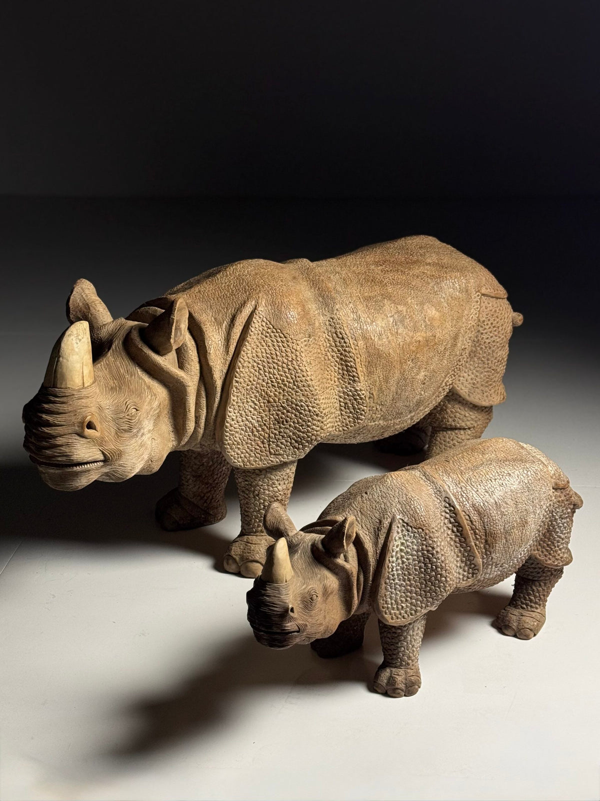 Hand Carved Asian Rhinoceros and Calf, South East Asia, c. 1960, photo 2