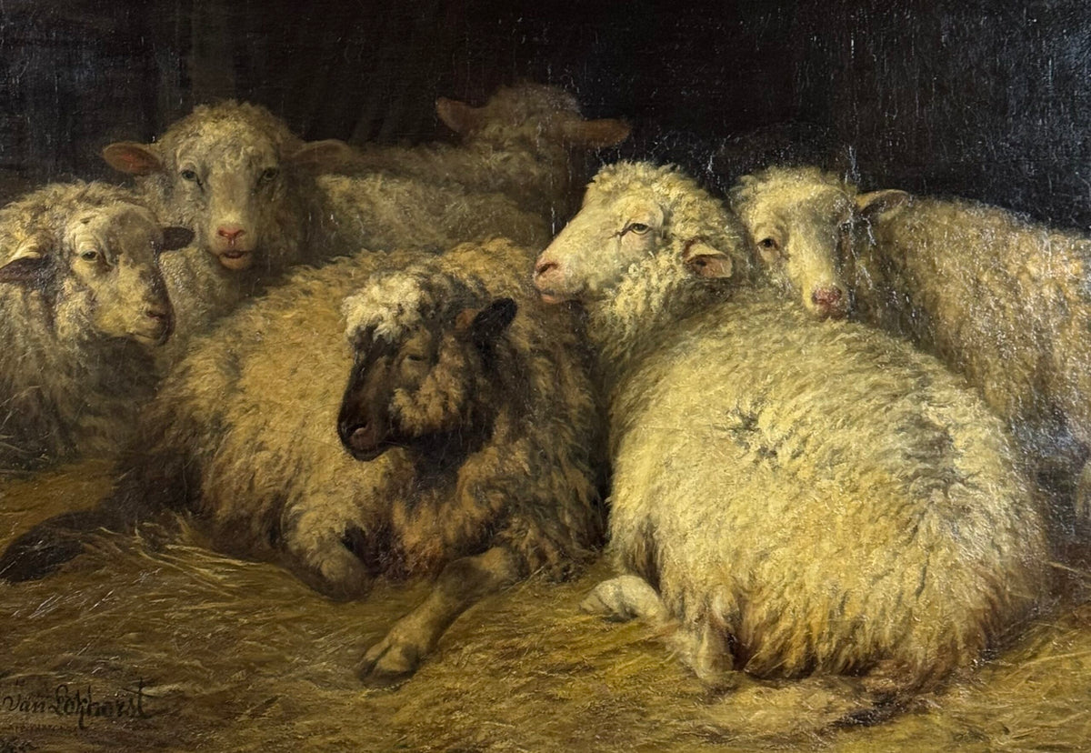 Sheep in the Stable, Oil Painting by Dirk Peter van Lokhorst, 1885, photo 1