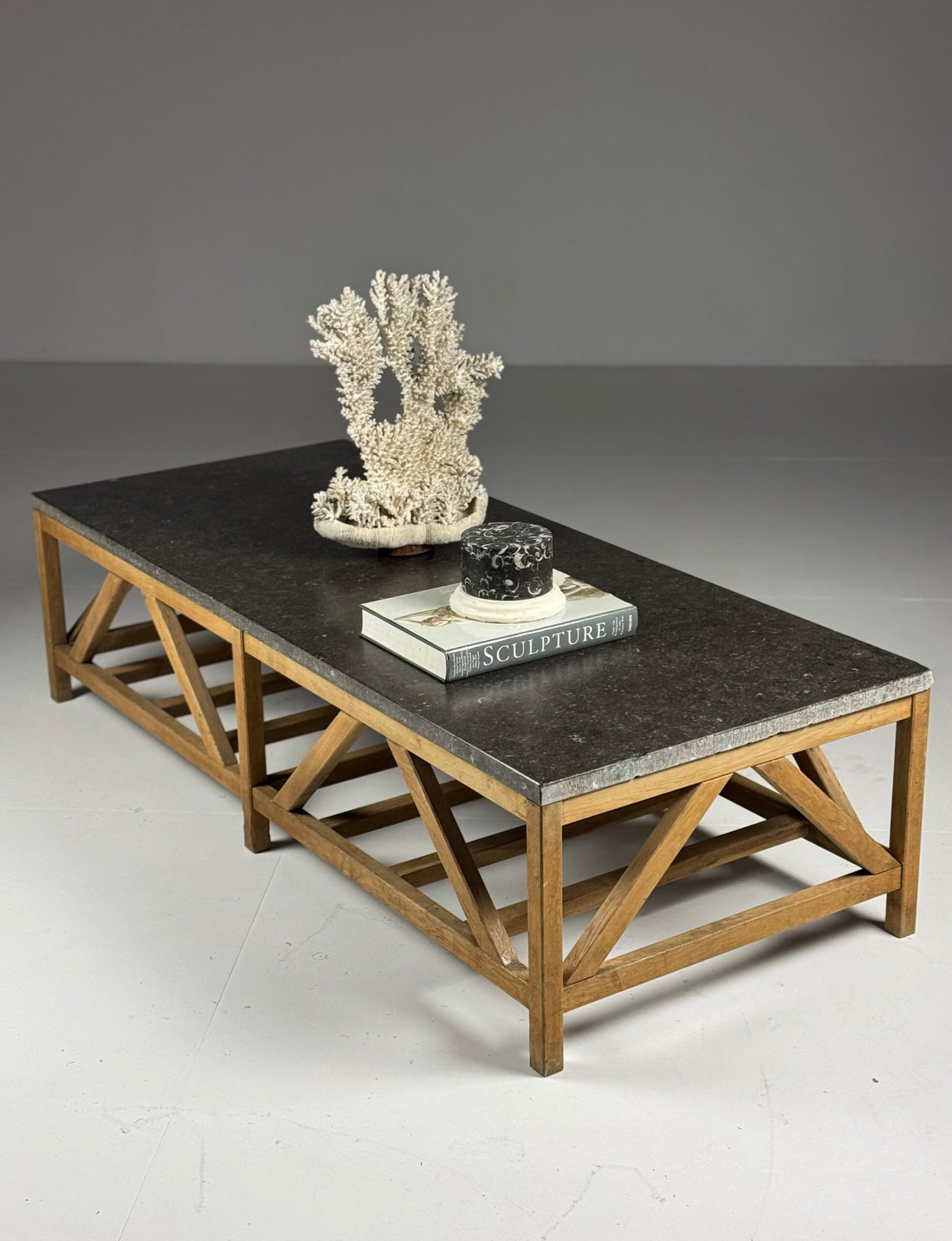 Rustic Coffee Table with Bluestone Top and Oak Base, Belgium, photo 1