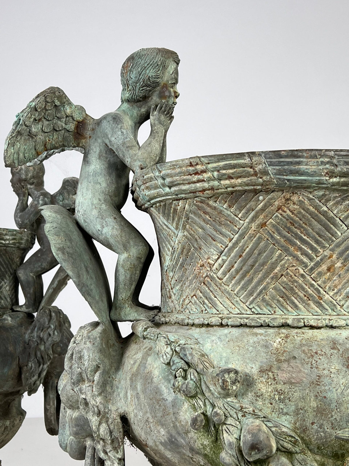 Pair of Large Bronze Garden Urns with Seated Angels, photo 16