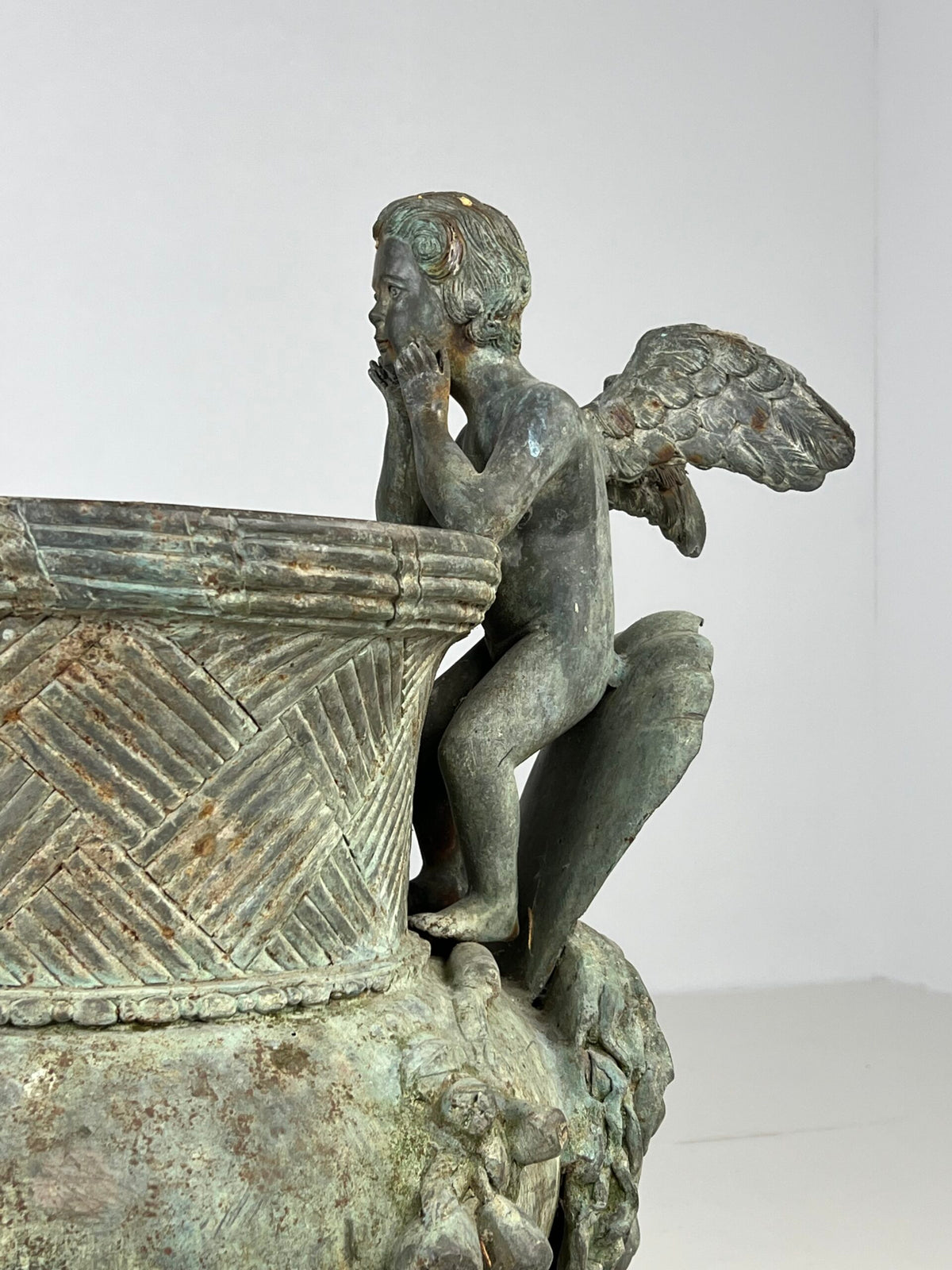 Pair of Large Bronze Garden Urns with Seated Angels, photo 15