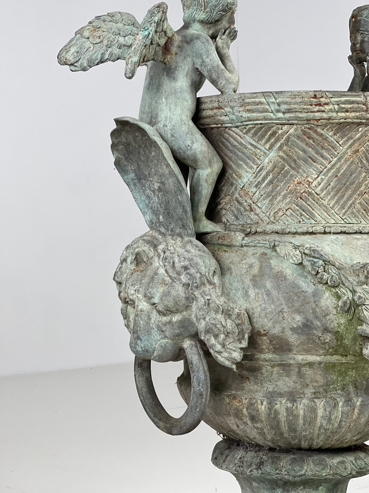 Pair of Large Bronze Garden Urns with Seated Angels, photo 12