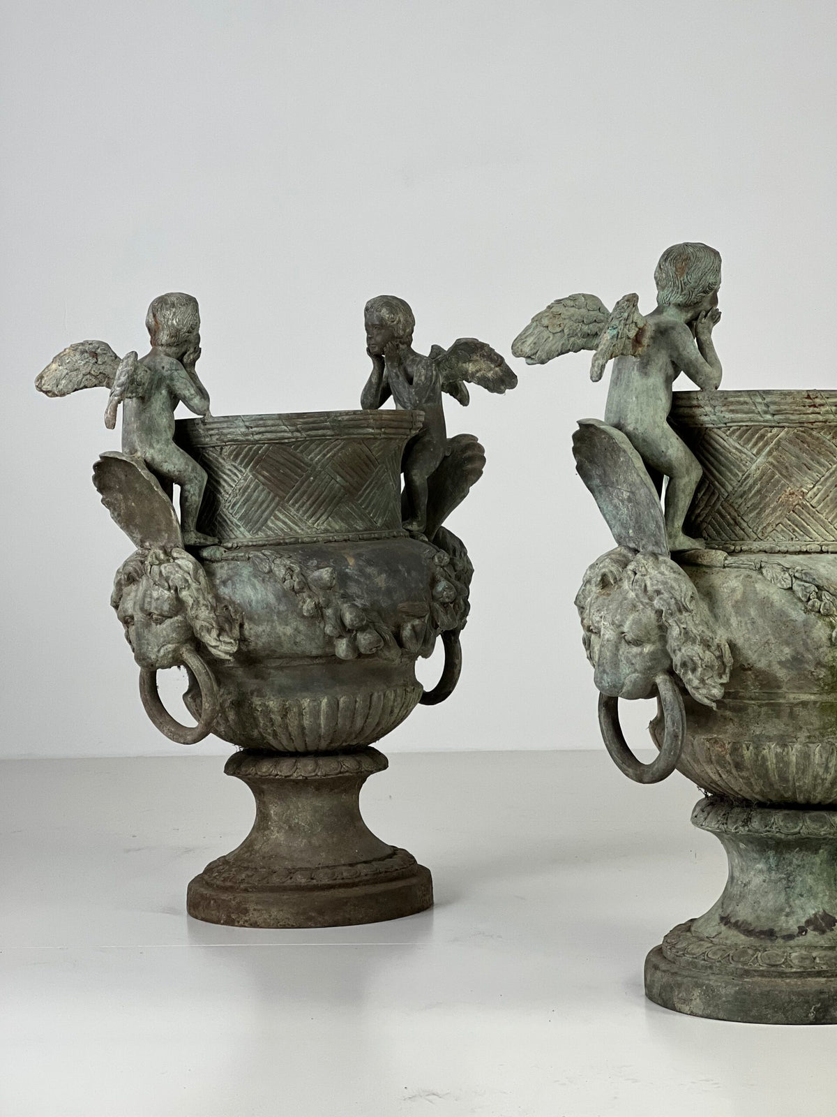 Pair of Large Bronze Garden Urns with Seated Angels, photo 5