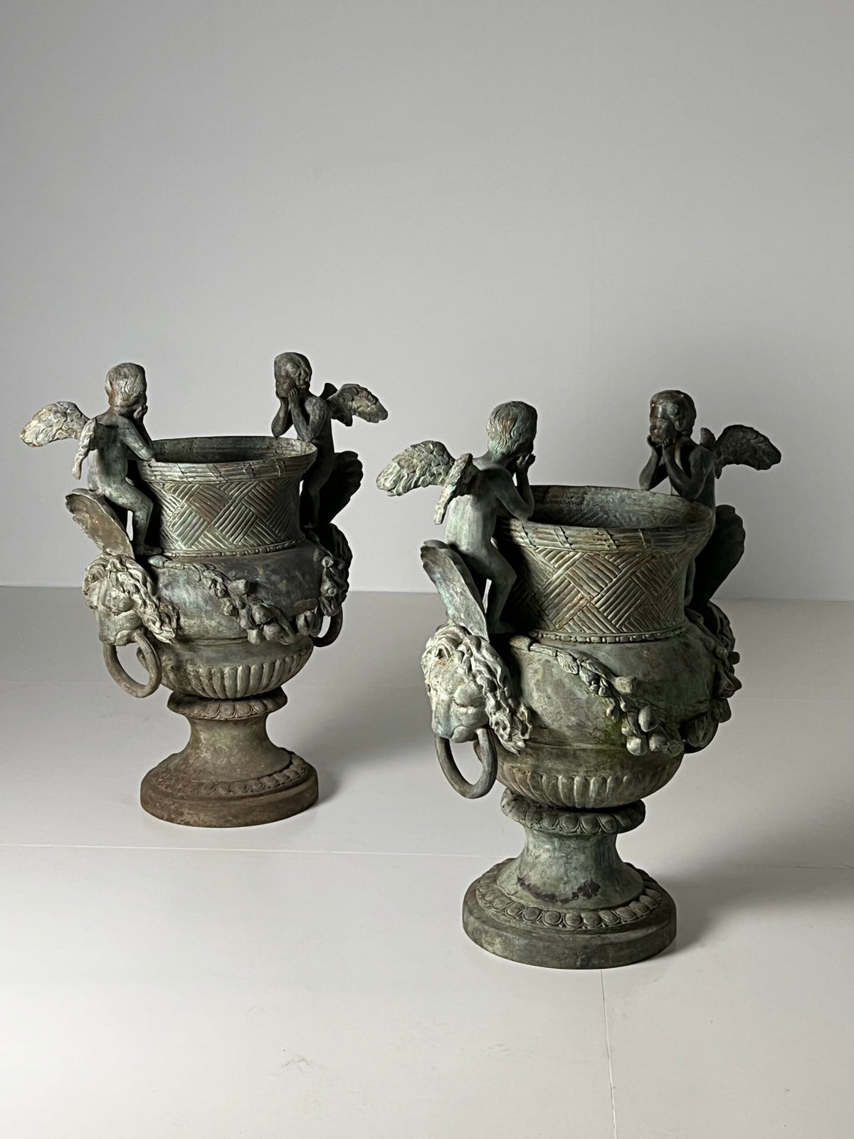 Pair of Large Bronze Garden Urns with Seated Angels, photo 2