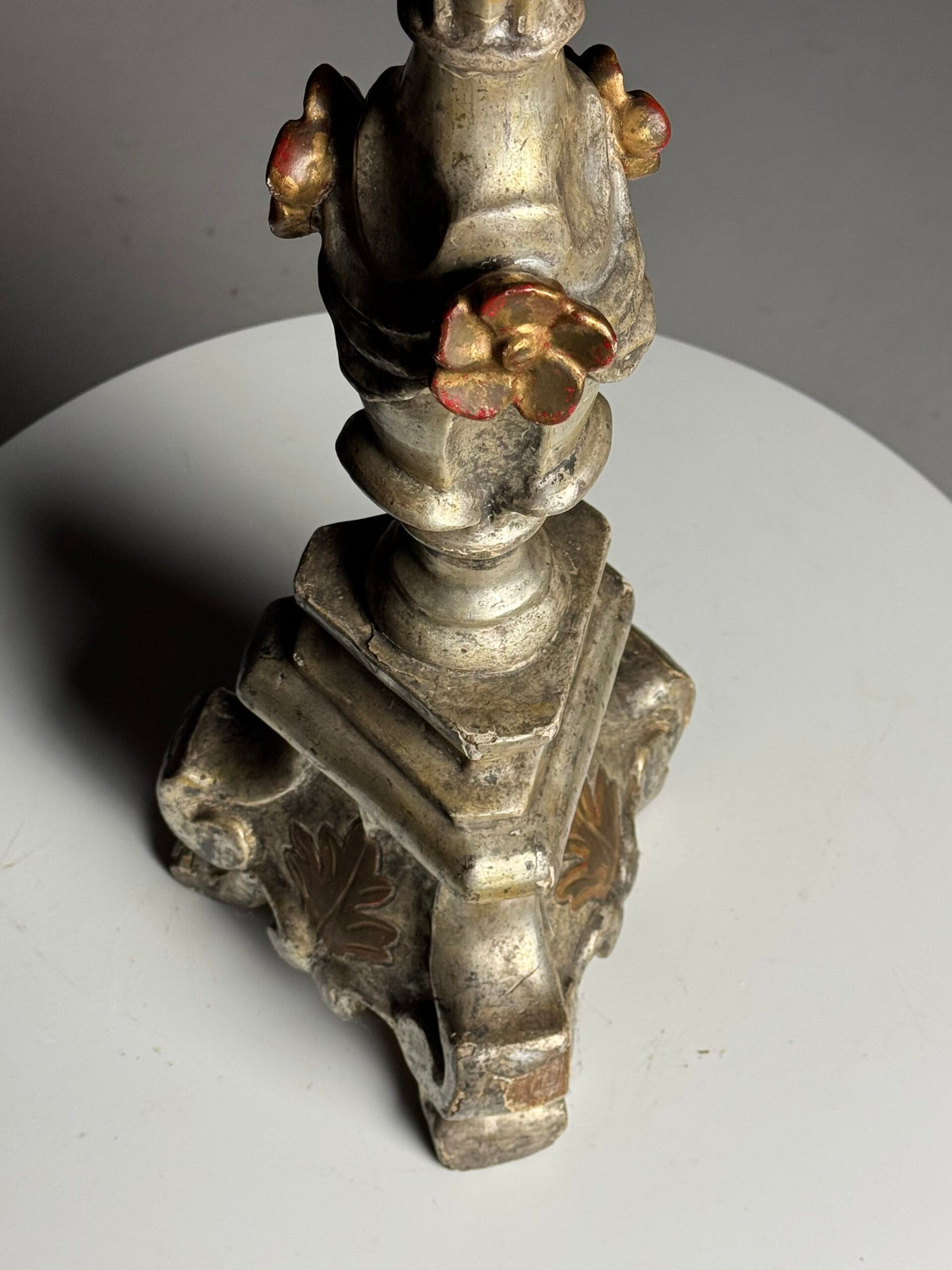 Italian Hand Carved Silvered Wooden Candlestick, 18th Century, photo 2