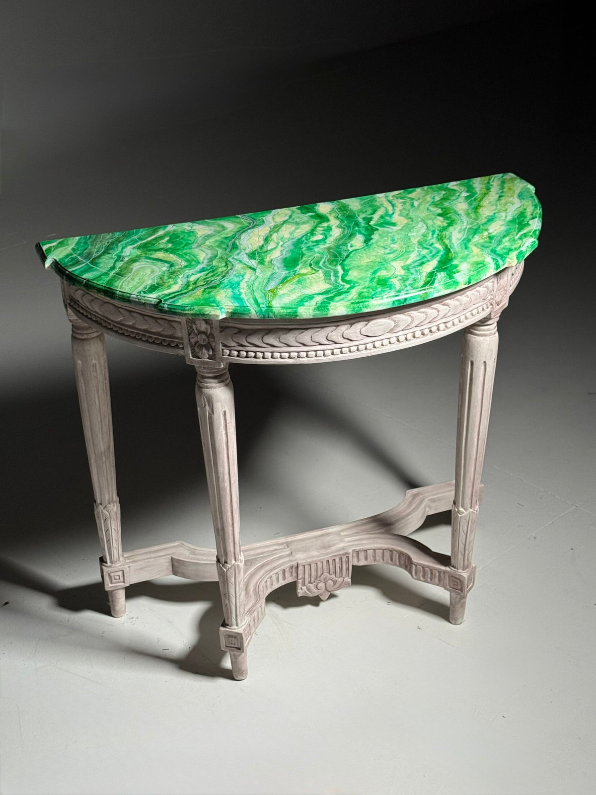 Pair of Louis XVI Style Console Tables with Malachite Painted Tops, photo 1