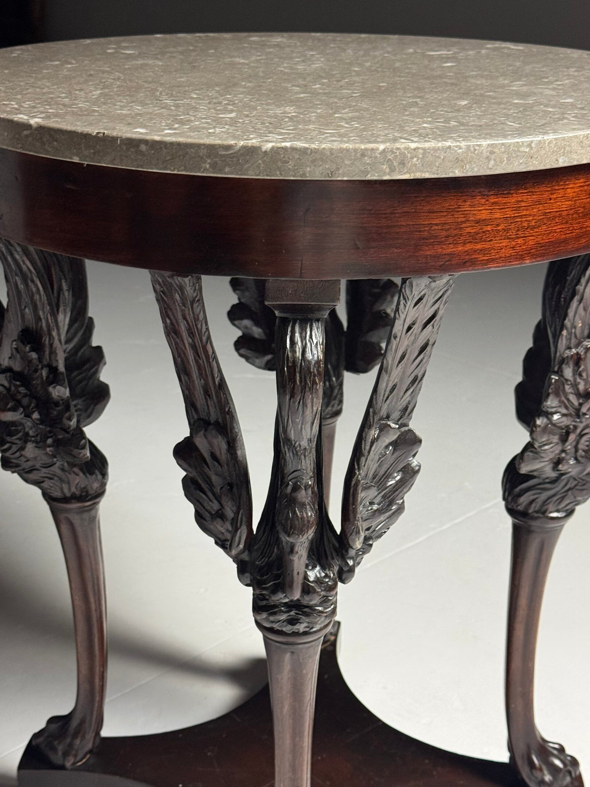 Empire Mahogany Gueridon with Grey Marble Top and Swan Legs, photo 10
