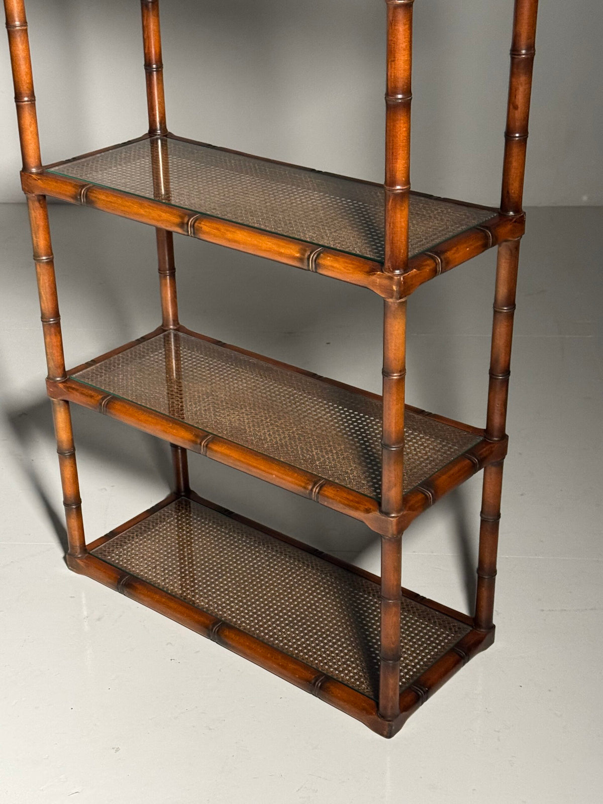 Faux Bamboo Bookcase with Webbing and Glass Shelves, 1980s, photo 15