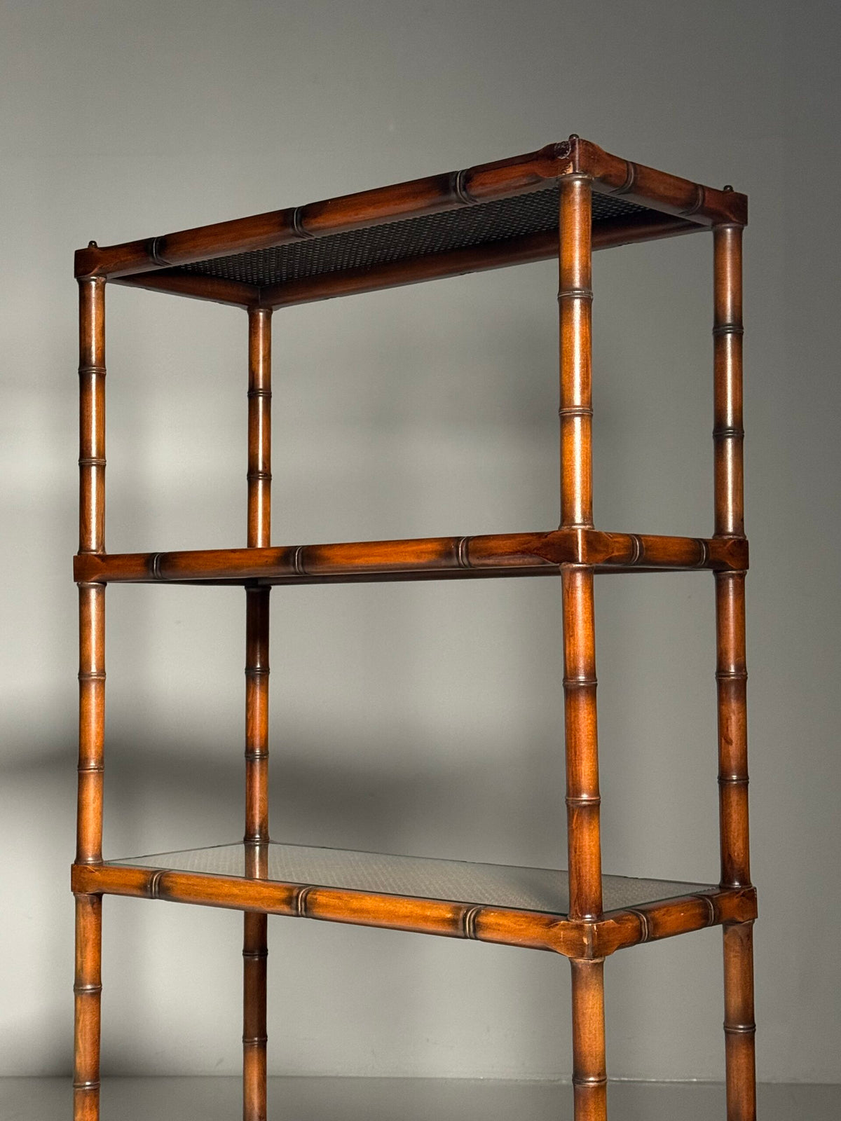 Faux Bamboo Bookcase with Webbing and Glass Shelves, 1980s, photo 16