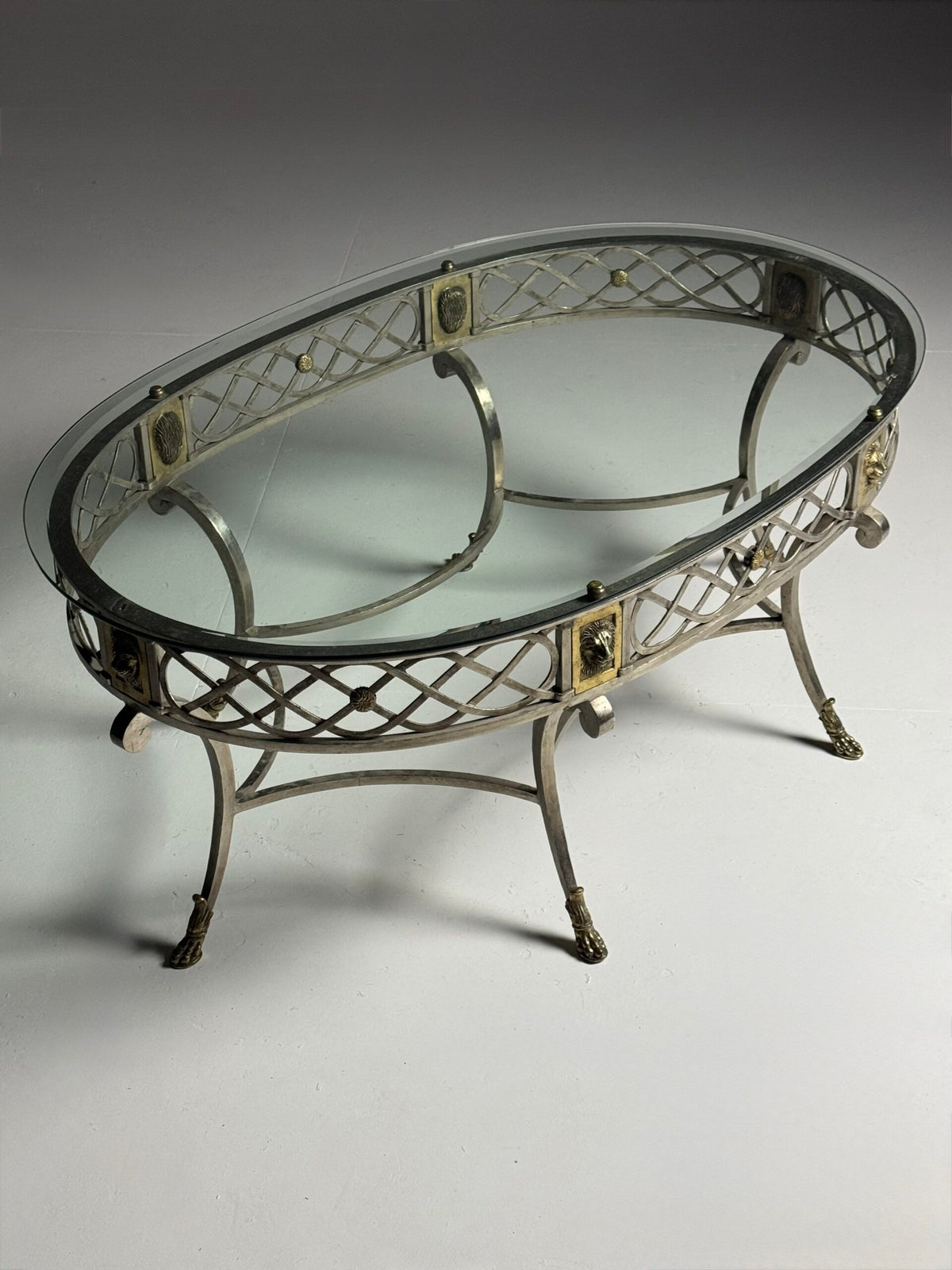 Empire Style Oval Metal Coffee Table with Faceted Glass Top, photo 1