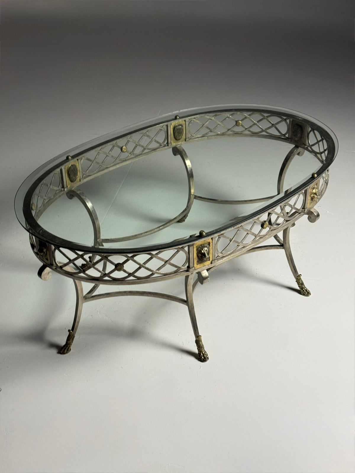 Empire Style Oval Metal Coffee Table with Faceted Glass Top, photo 17