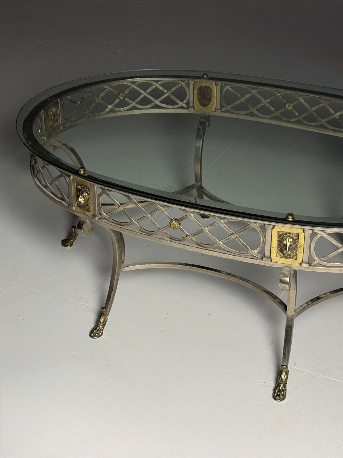 Empire Style Oval Metal Coffee Table with Faceted Glass Top, photo 4