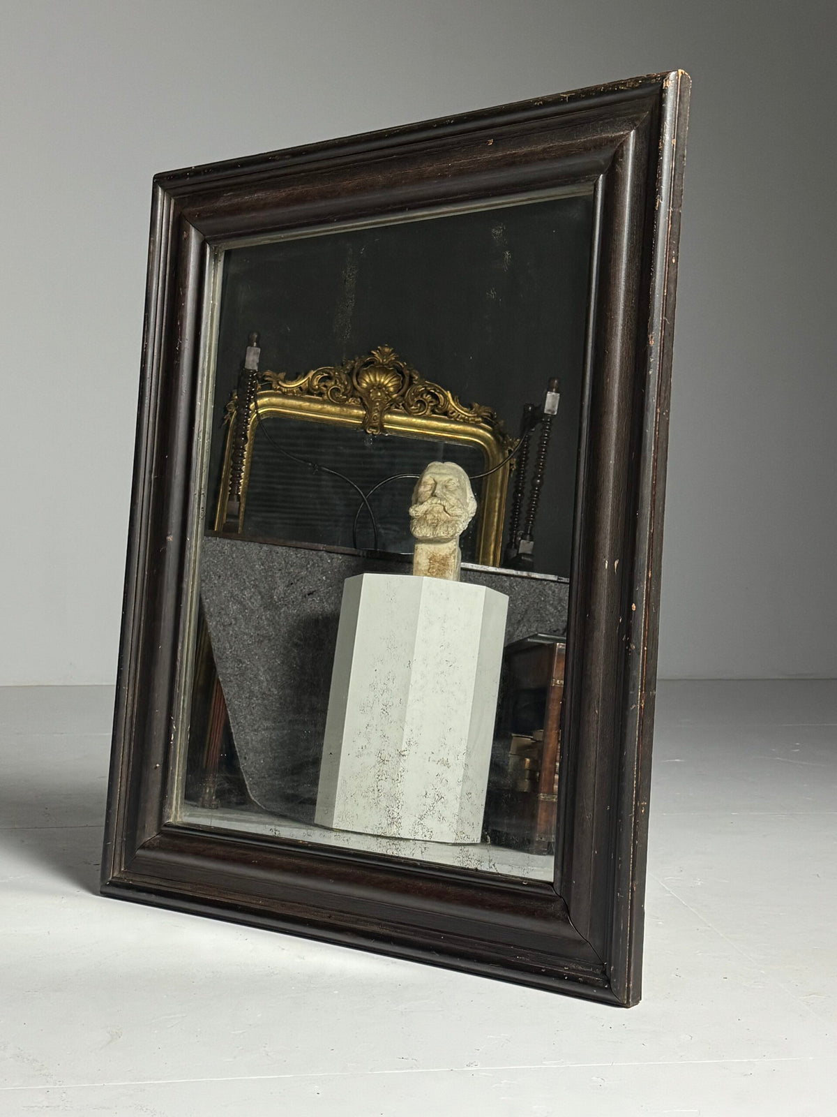Antique Mirror with Dark Solid Pine Frame, c. 1900 to 1930, photo 1