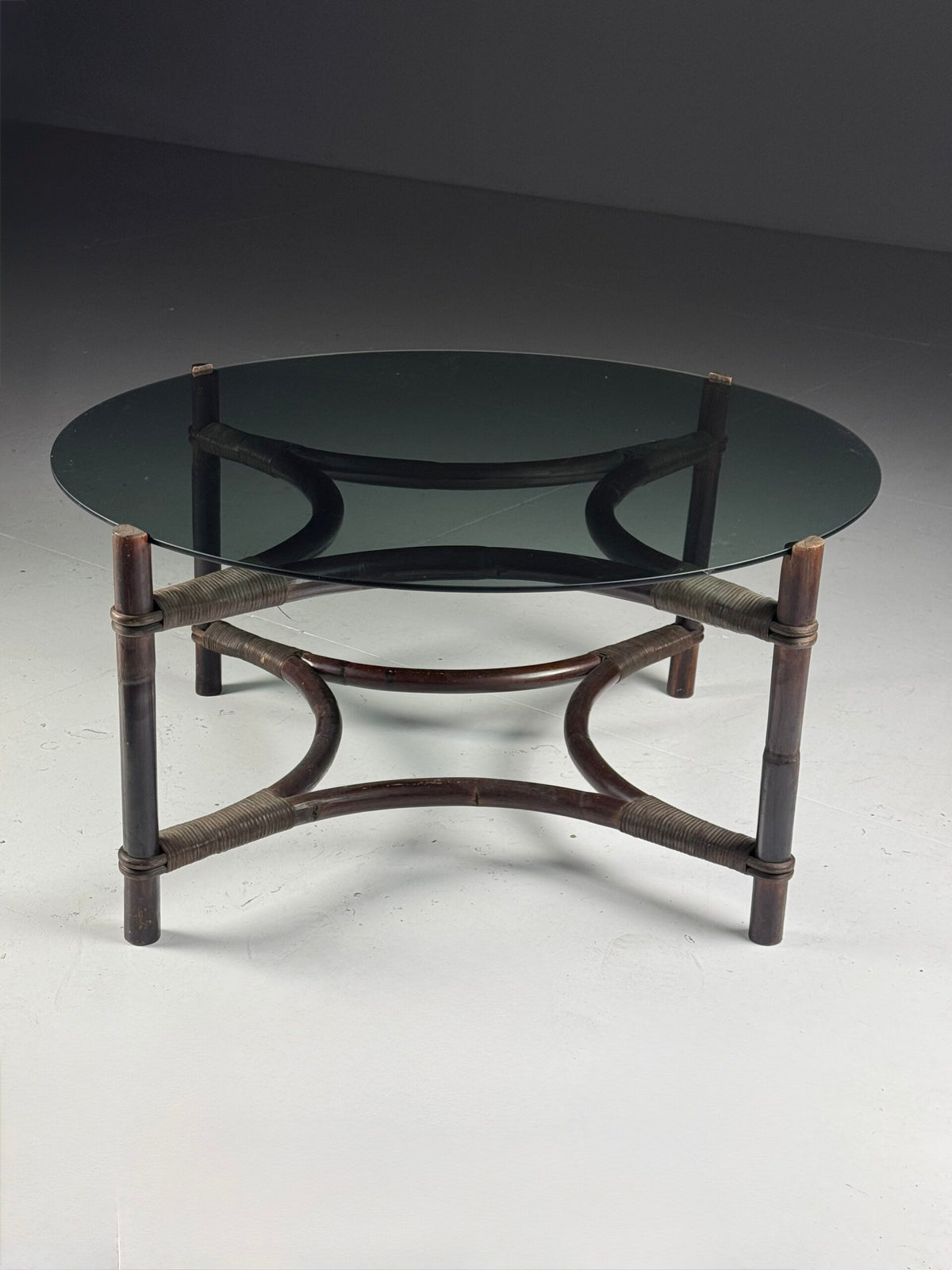 Vintage Rattan Coffee Table with Tinted Glass Top, photo 2
