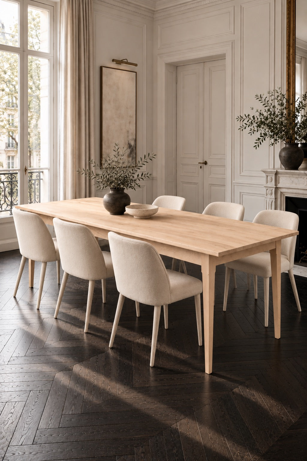 Handmade French style oak dining table, set for dinner