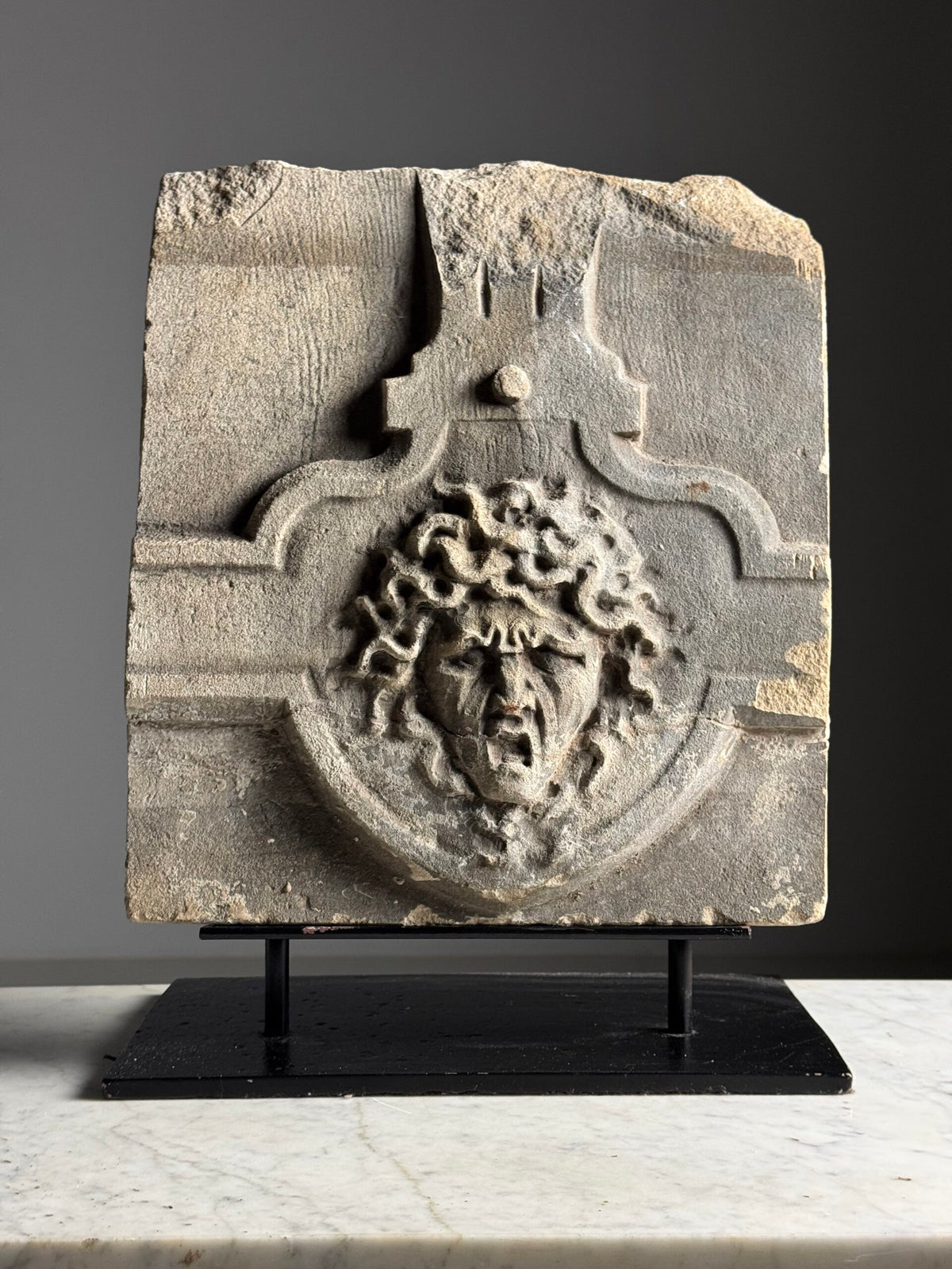 Carved Stone Medusa Fragment on Black Stand, 18th Century, photo 2