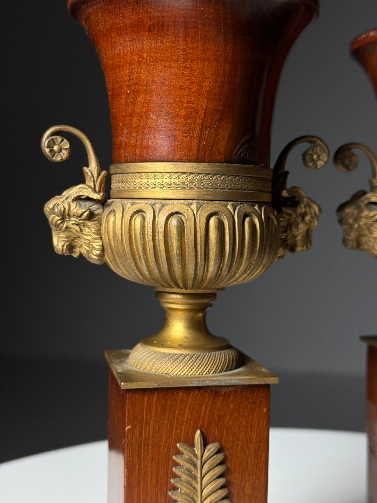 Pair of 19th Century Mahogany Vases with Gilt Bronze Ram's Heads, photo 15