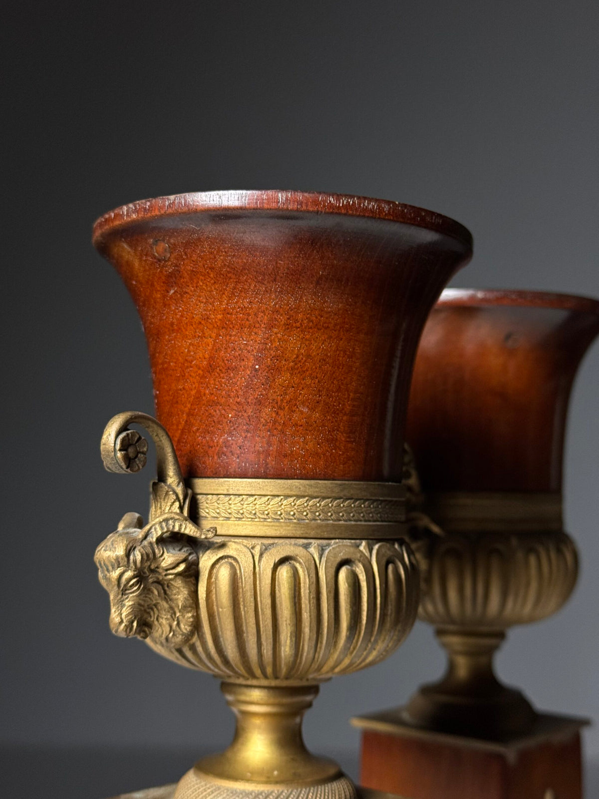 Pair of 19th Century Mahogany Vases with Gilt Bronze Ram's Heads, photo 13