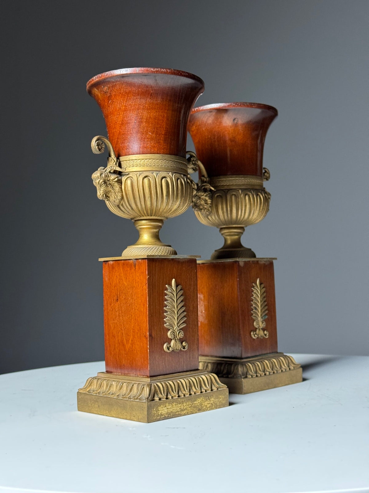 Pair of 19th Century Mahogany Vases with Gilt Bronze Ram's Heads, photo 11