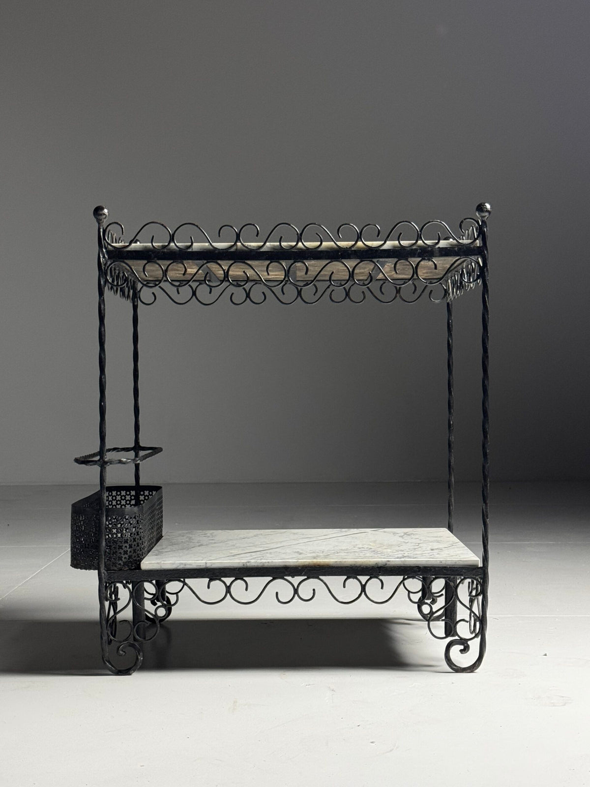 Black Metal Drinks Side Table with Two Marble Tops, France, photo 2