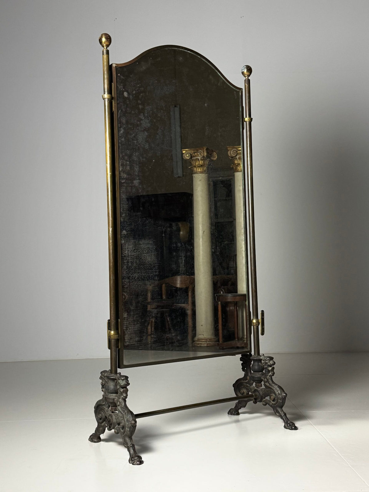 Victorian Brass and Bronze Standing Mirror with Griffins, c. 1890, photo 2