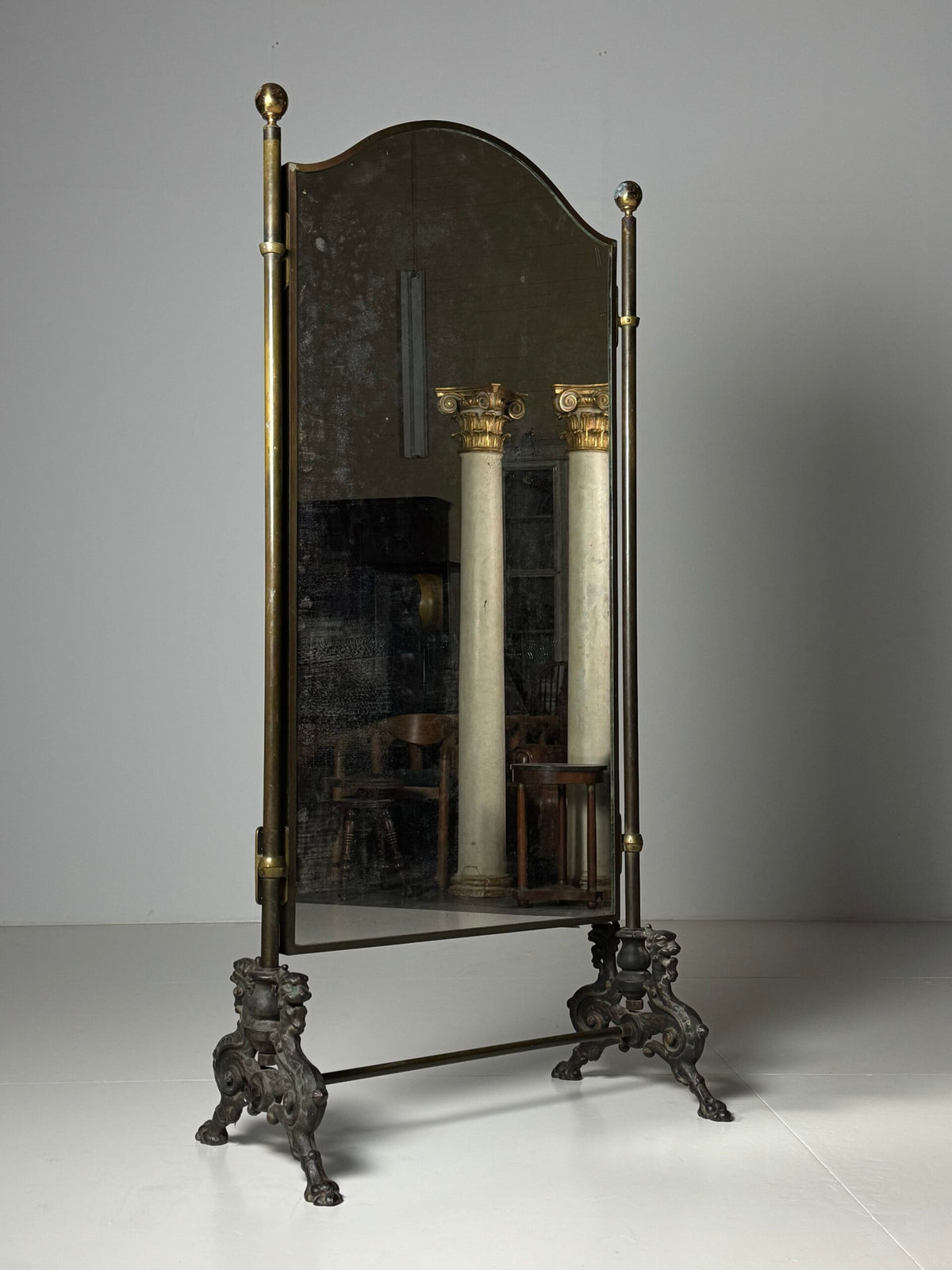 Victorian Brass and Bronze Standing Mirror with Griffins, c. 1890, photo 1