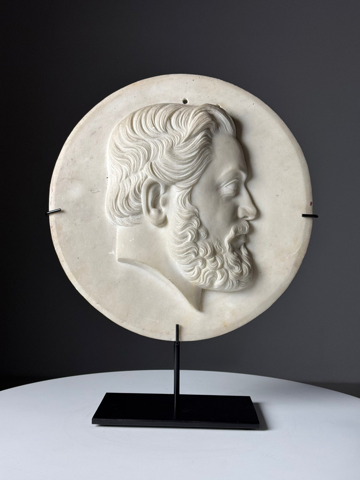19th Century White Carrara Marble Portrait Medallion on Stand, photo 21