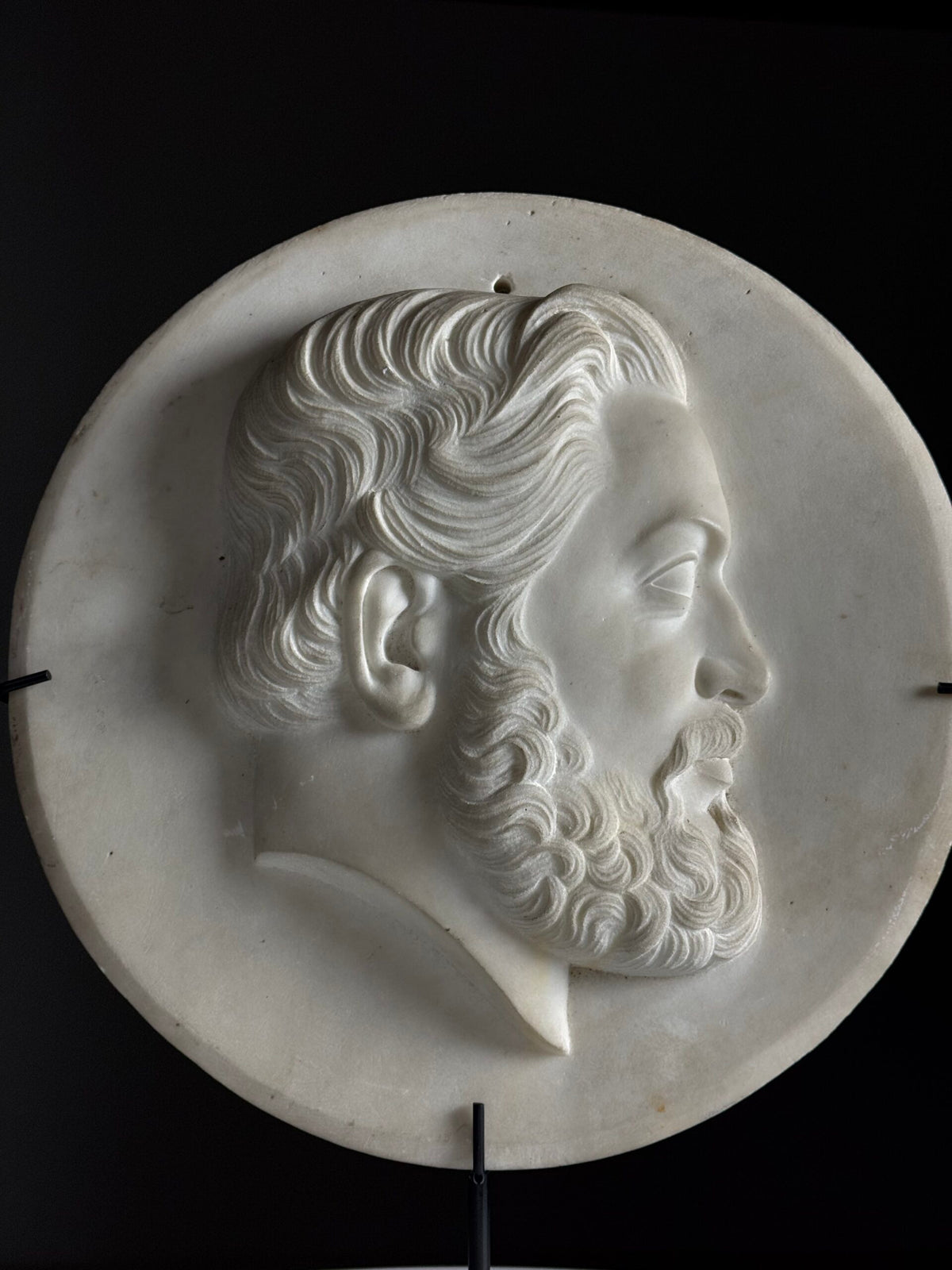 19th Century White Carrara Marble Portrait Medallion on Stand, photo 14