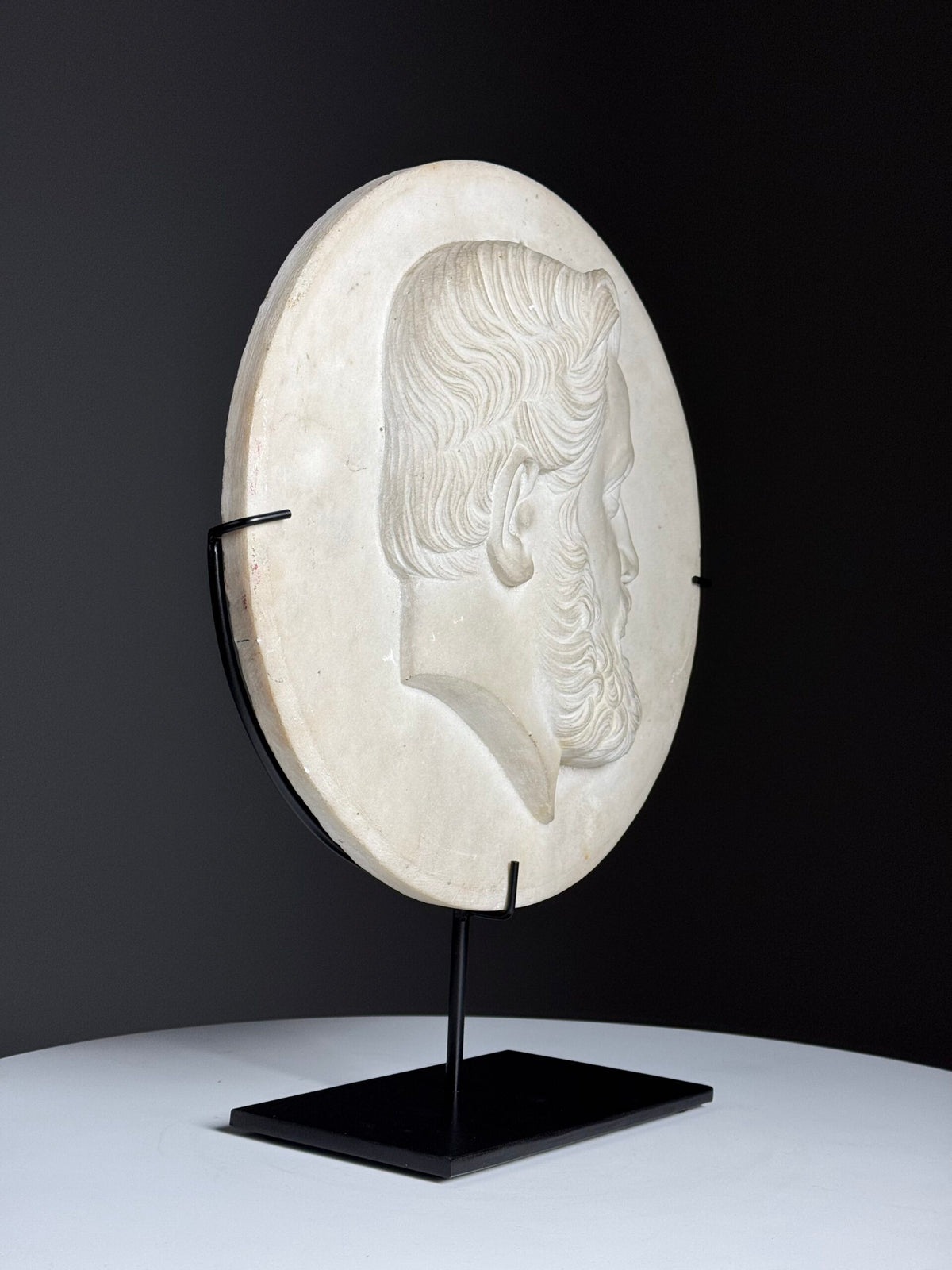 19th Century White Carrara Marble Portrait Medallion on Stand, photo 8
