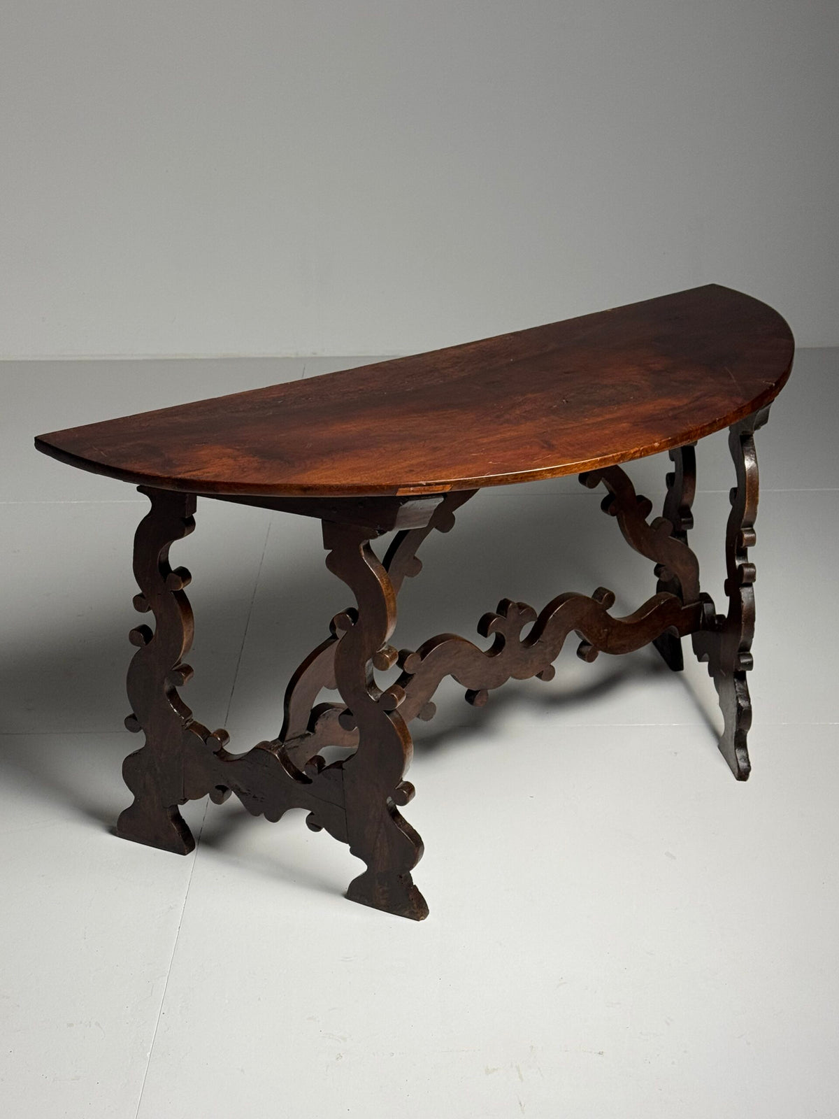 Pair of Italian Walnut Demi Lune Console Tables, 18th Century, photo 31