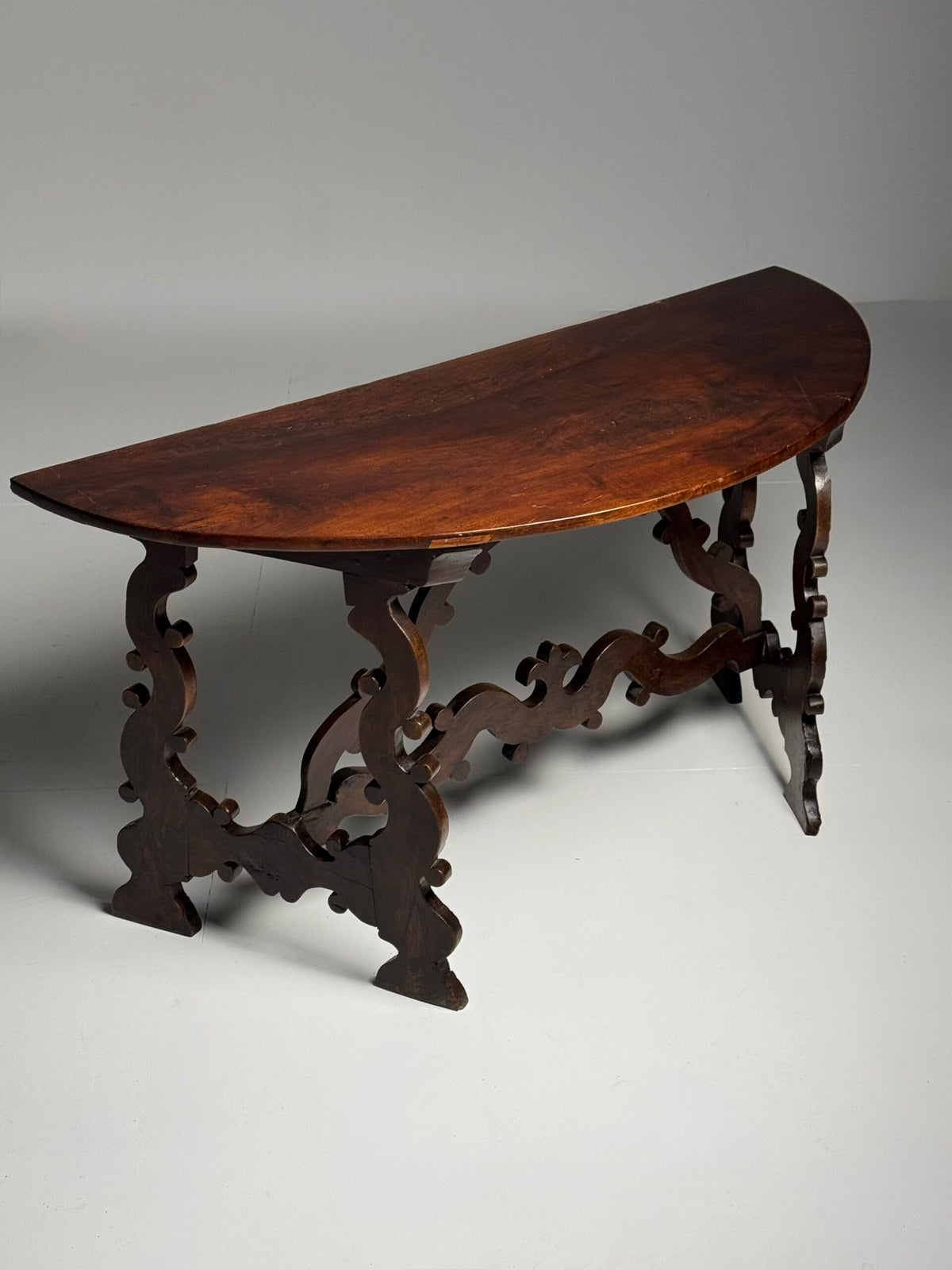 Pair of Italian Walnut Demi Lune Console Tables, 18th Century, photo 1