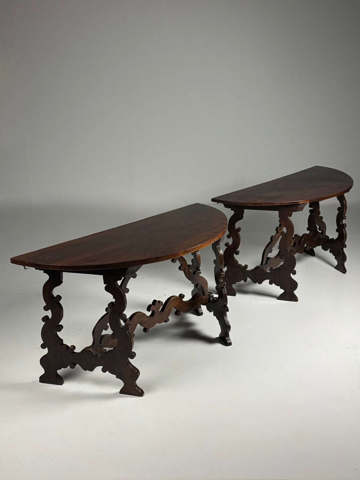 Pair of Italian Walnut Demi Lune Console Tables, 18th Century, photo 16