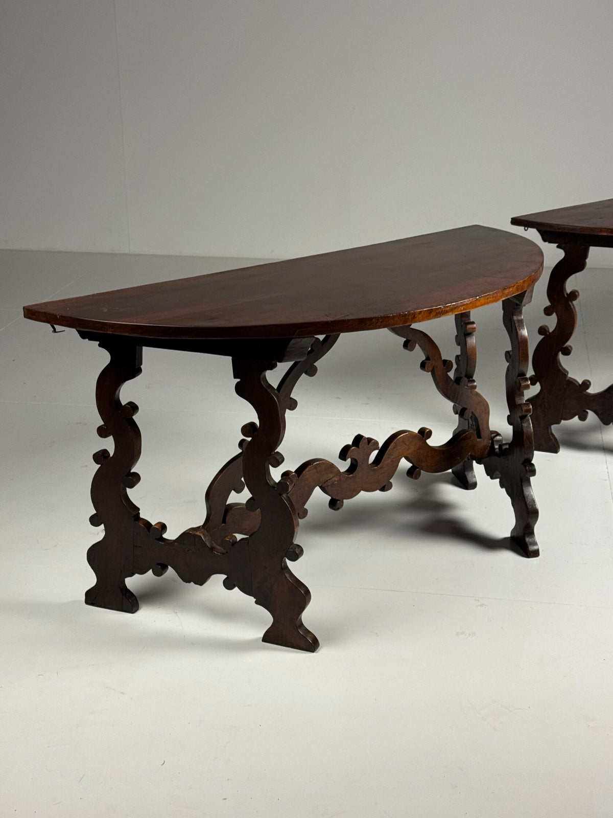 Pair of Italian Walnut Demi Lune Console Tables, 18th Century, photo 15