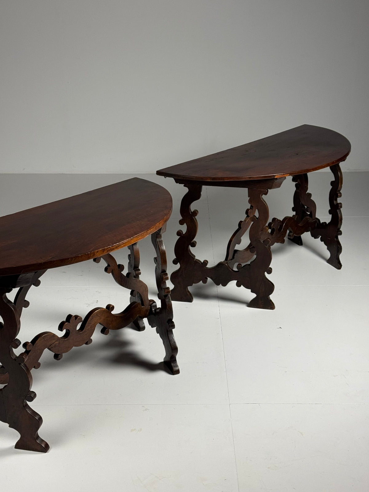 Pair of Italian Walnut Demi Lune Console Tables, 18th Century, photo 14