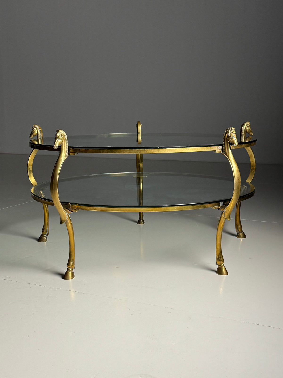 Vintage Brass Seahorse Coffee Table with Two Glass Tops, photo 1