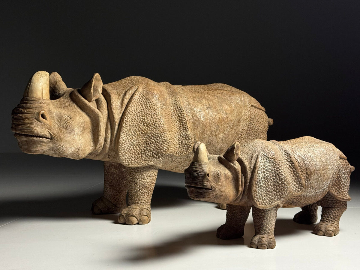 Hand Carved Asian Rhinoceros and Calf, South East Asia, c. 1960, photo 16