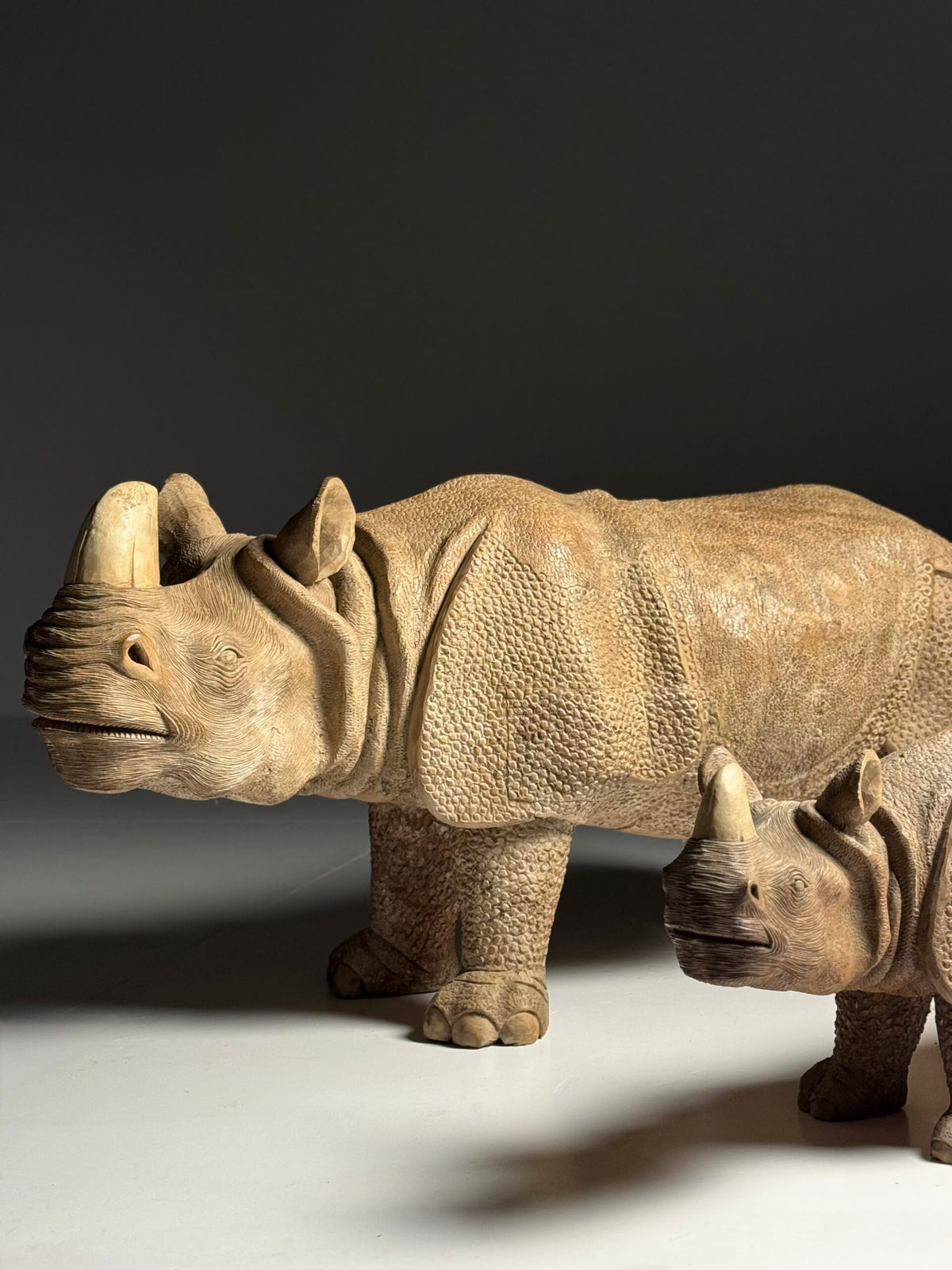 Hand Carved Asian Rhinoceros and Calf, South East Asia, c. 1960, photo 15