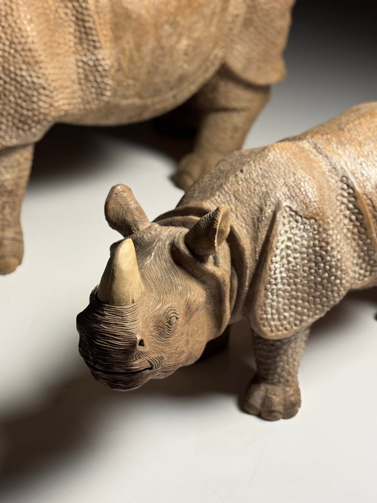 Hand Carved Asian Rhinoceros and Calf, South East Asia, c. 1960, photo 6