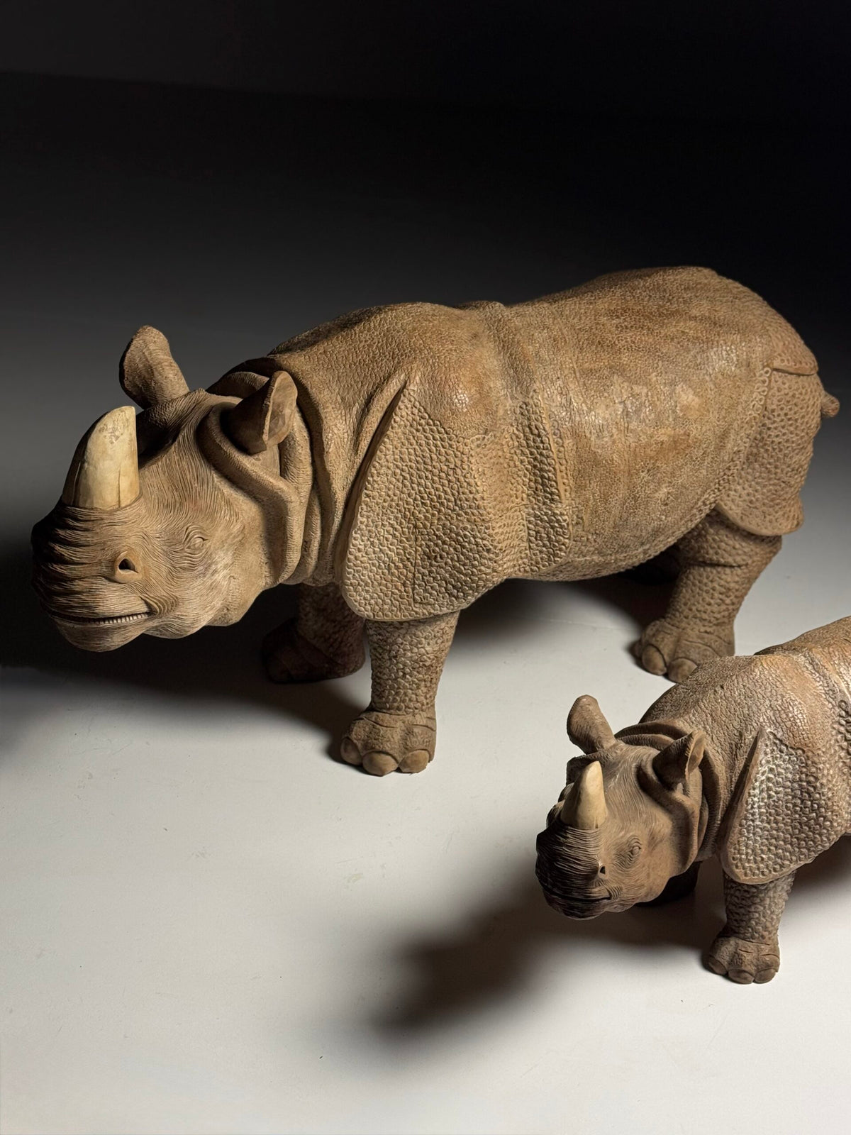 Hand Carved Asian Rhinoceros and Calf, South East Asia, c. 1960, photo 5